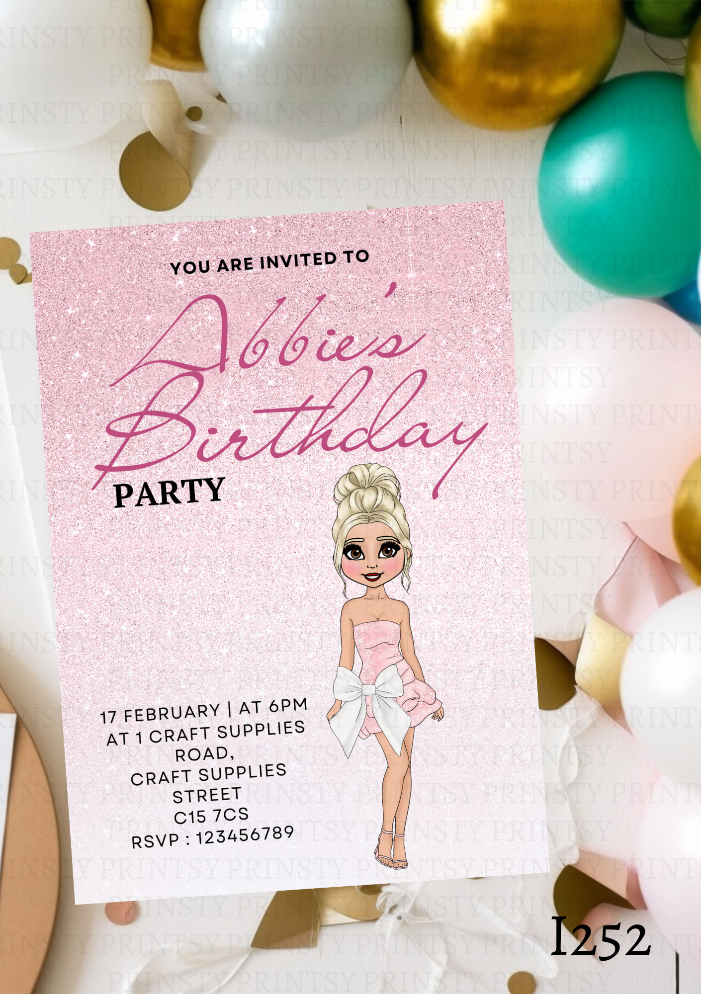 Pink & White Bow Dolly Invite