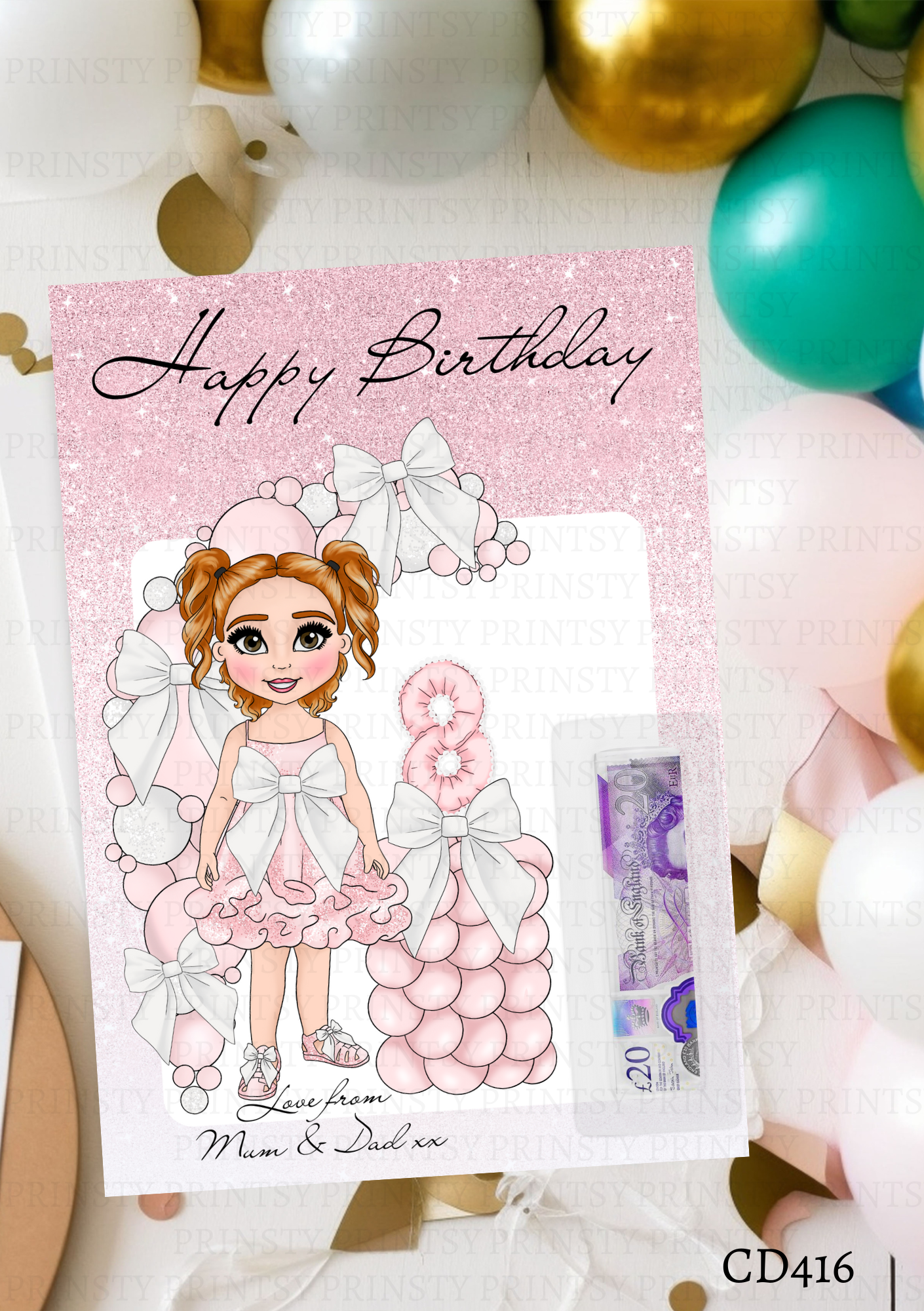 Pink & White Bow Dolly Money Card
