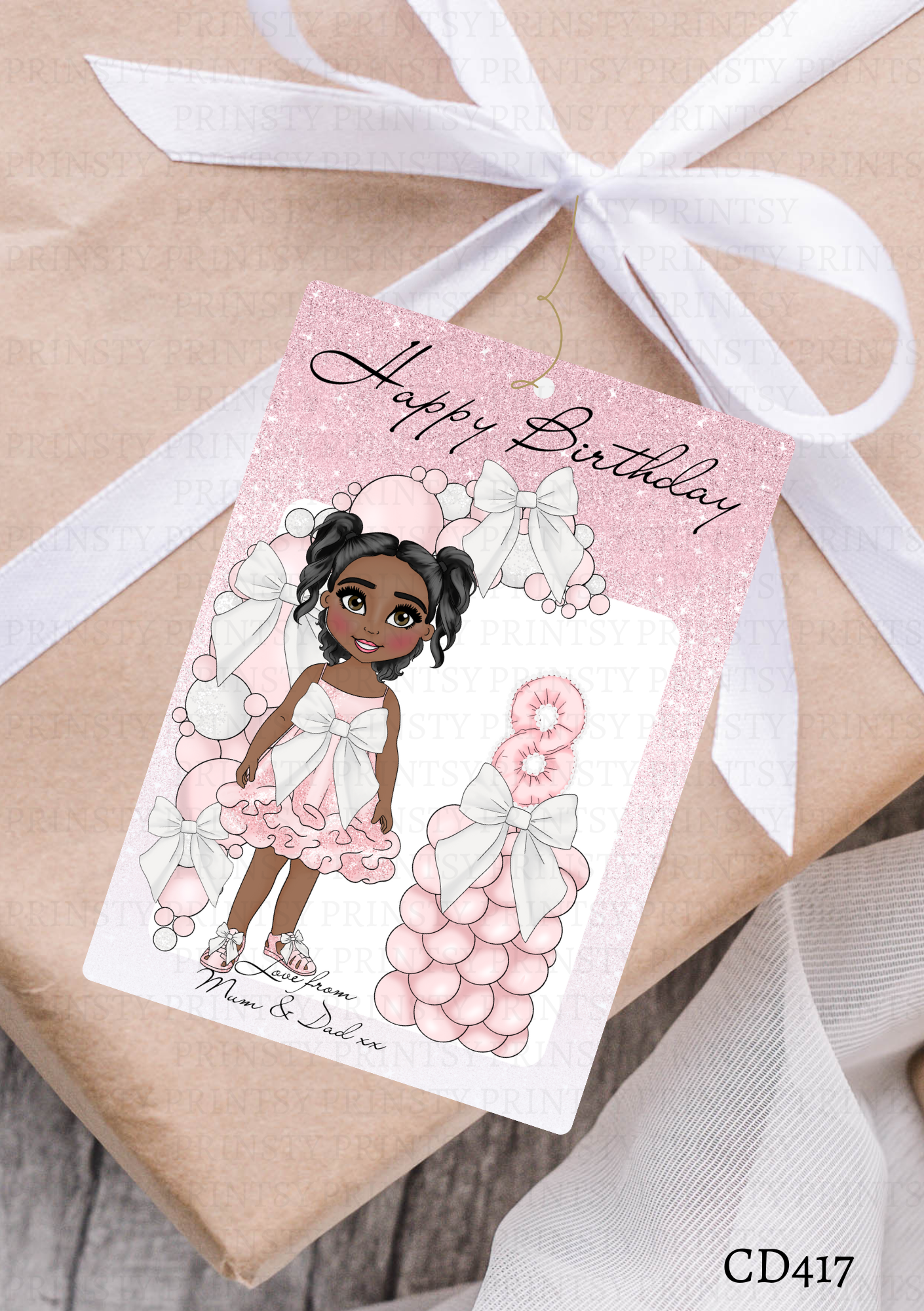 Pink & White Bow Dolly Gift Label