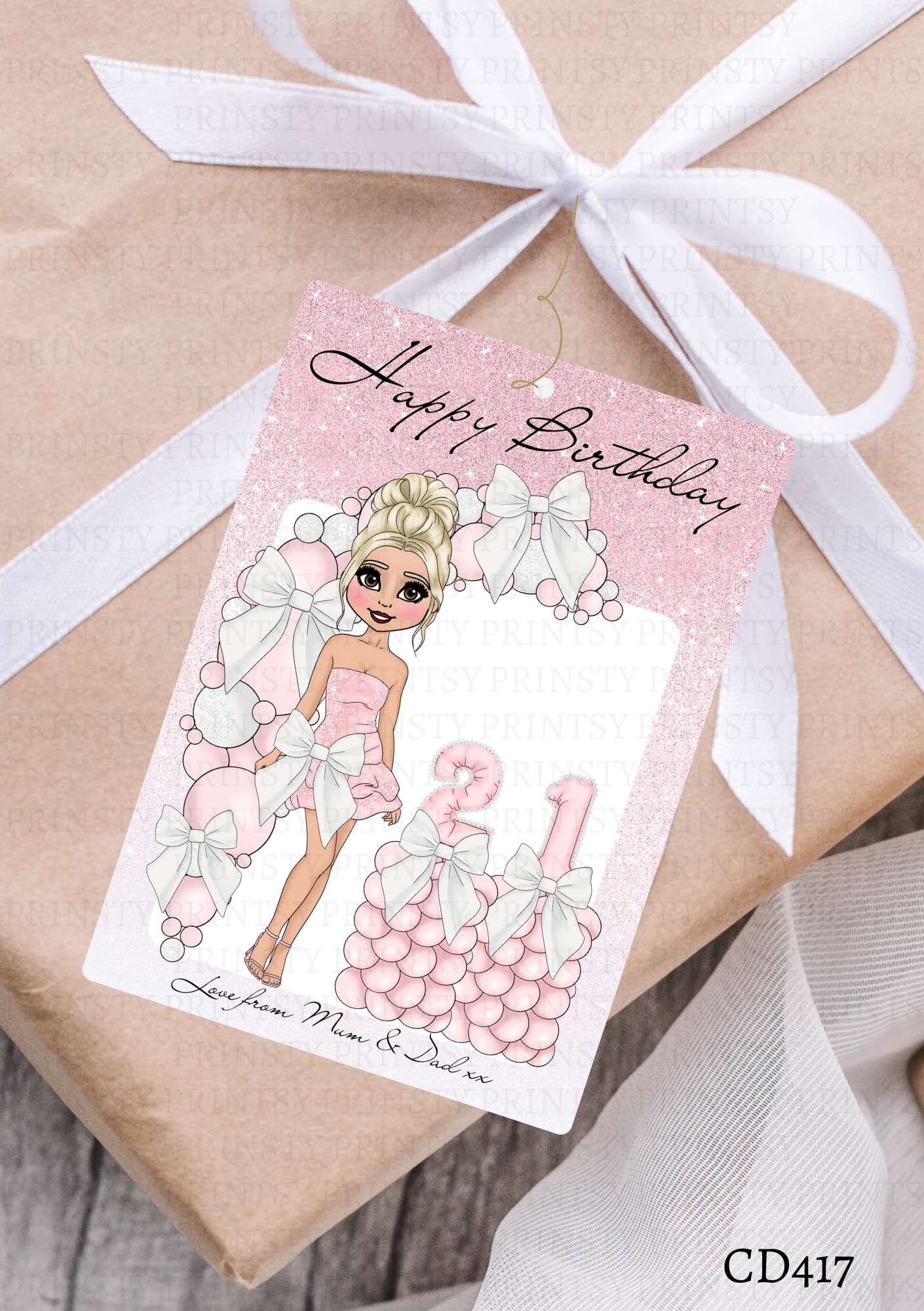 Pink & White Bow Dolly Gift Label