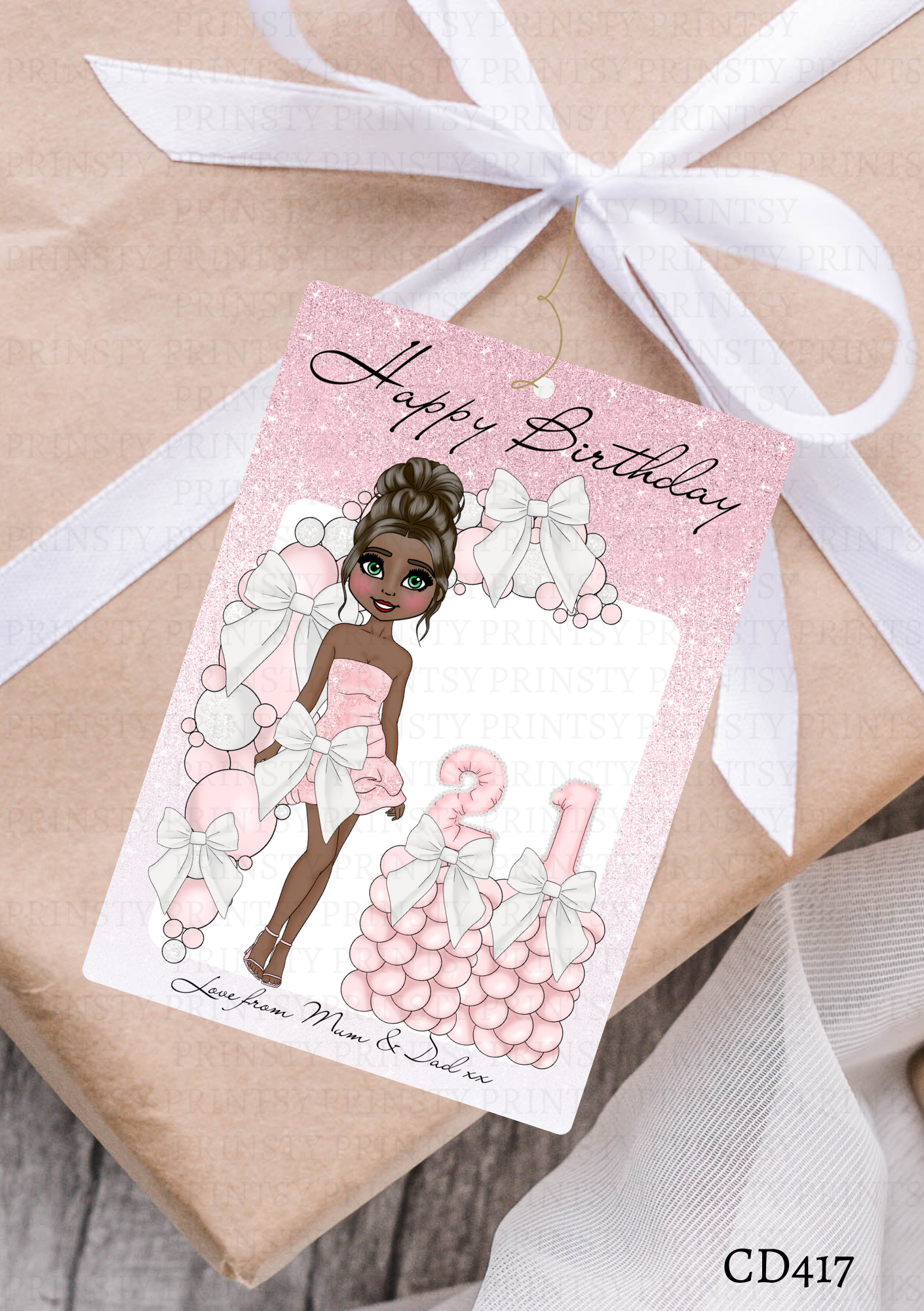 Pink & White Bow Dolly Gift Label
