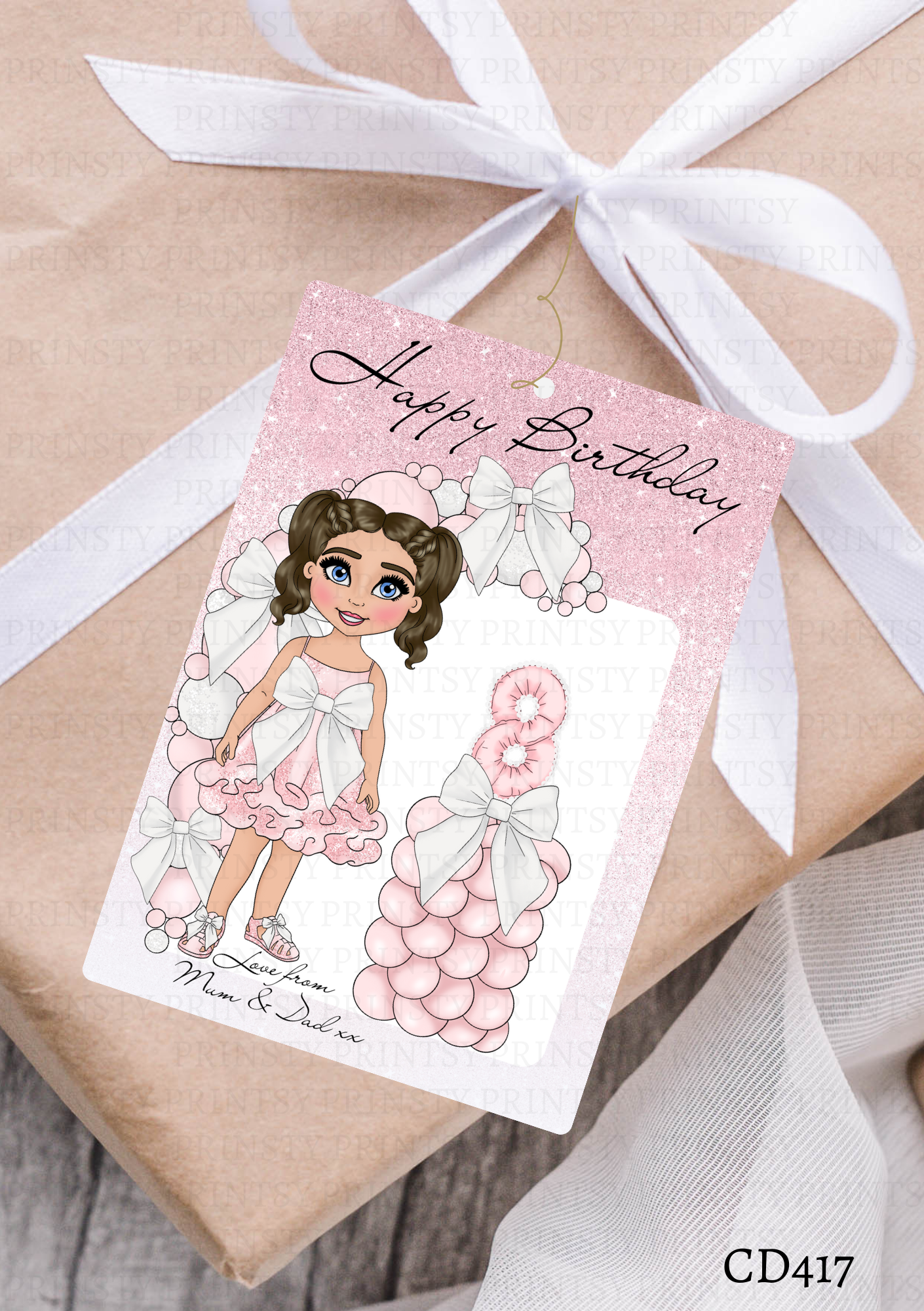 Pink & White Bow Dolly Gift Label