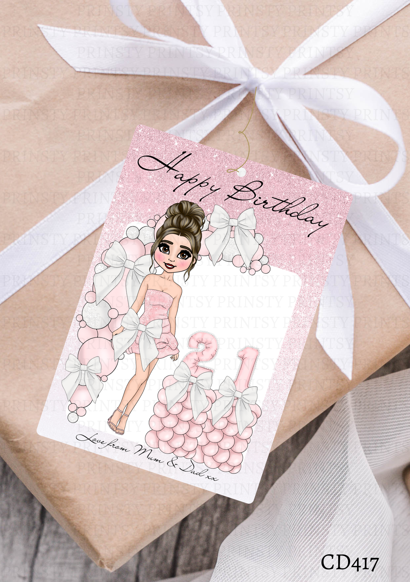 Pink & White Bow Dolly Gift Label
