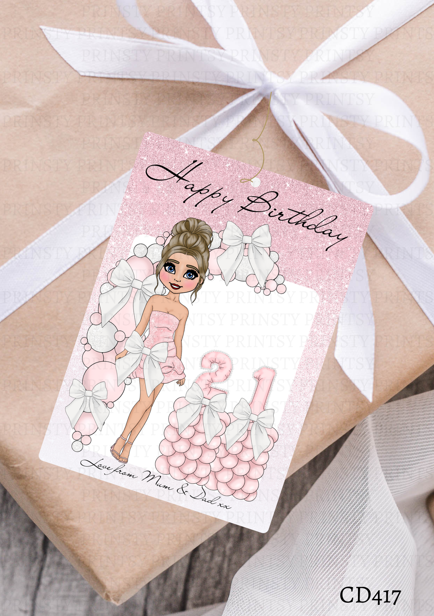 Pink & White Bow Dolly Gift Label