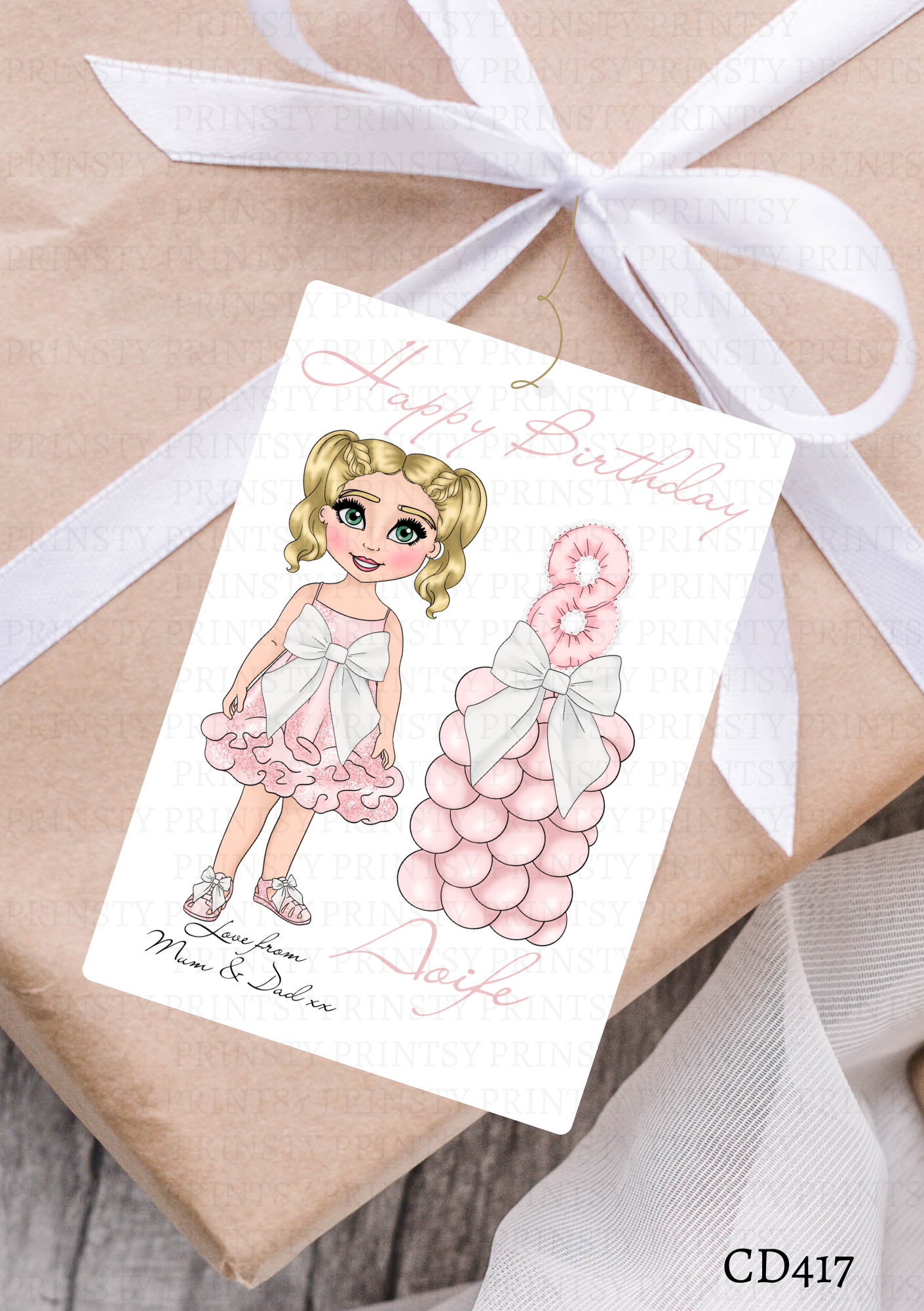 Pink & White Bow Dolly Gift Label