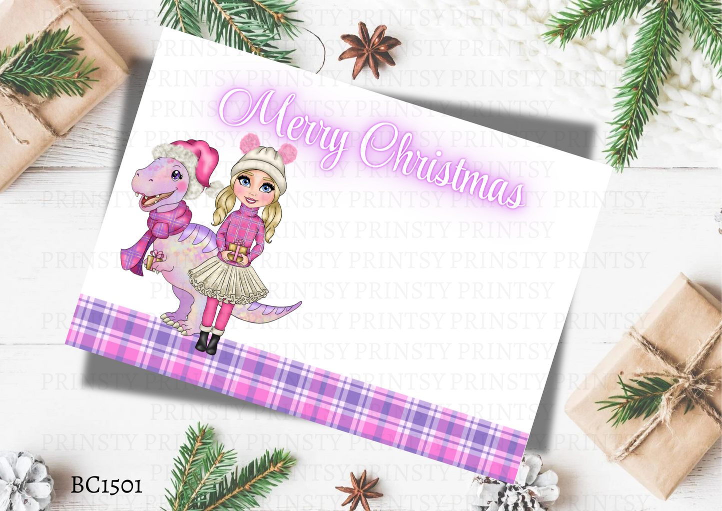 Pink Dino Christmas Dolly Bow Card