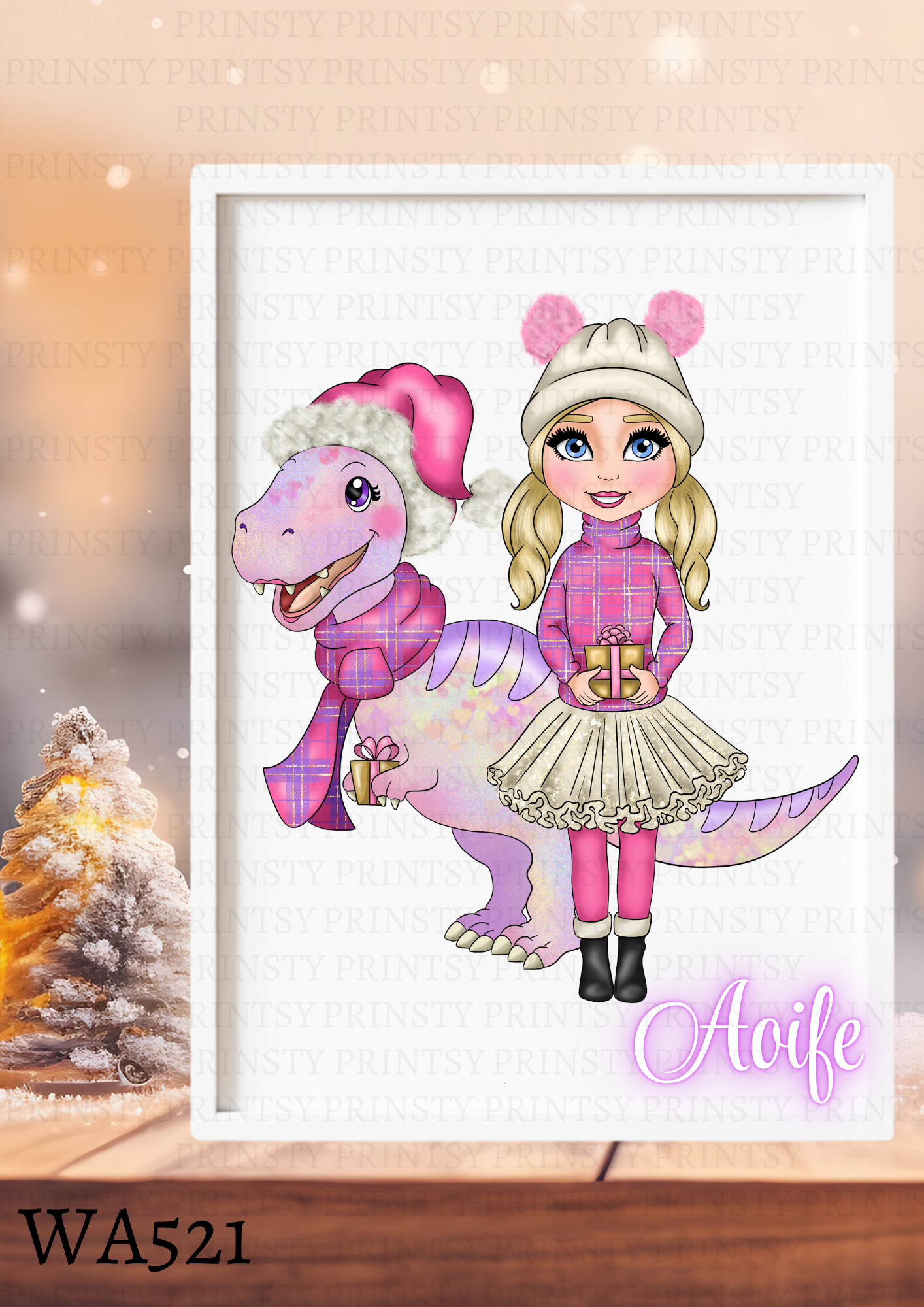 Pink Dino Christmas Dolly Wall Art