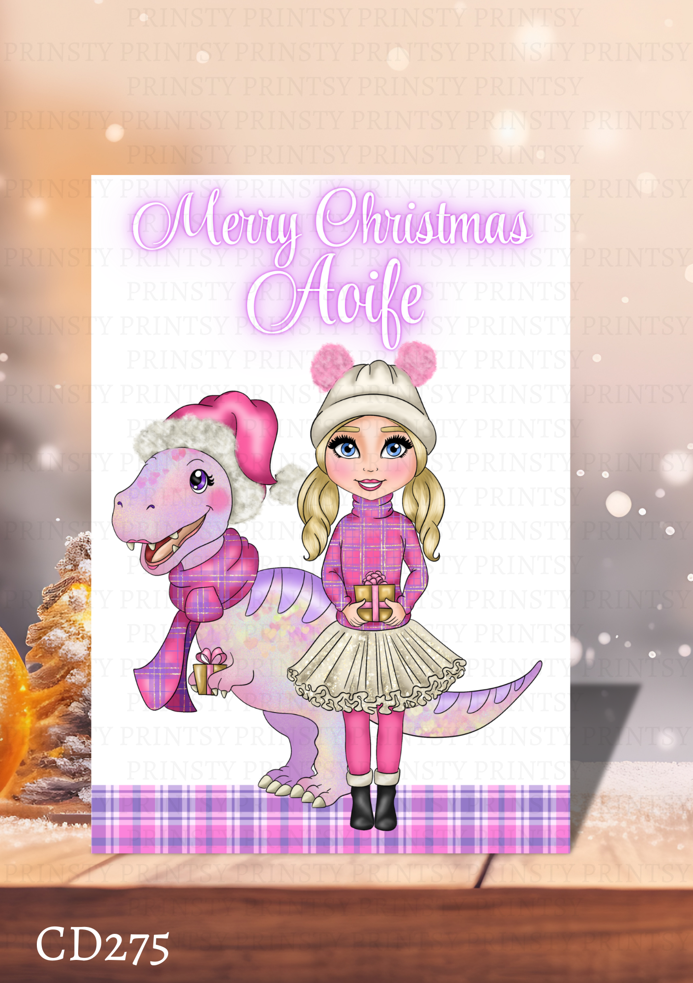 Pink Dino Christmas Dolly Card