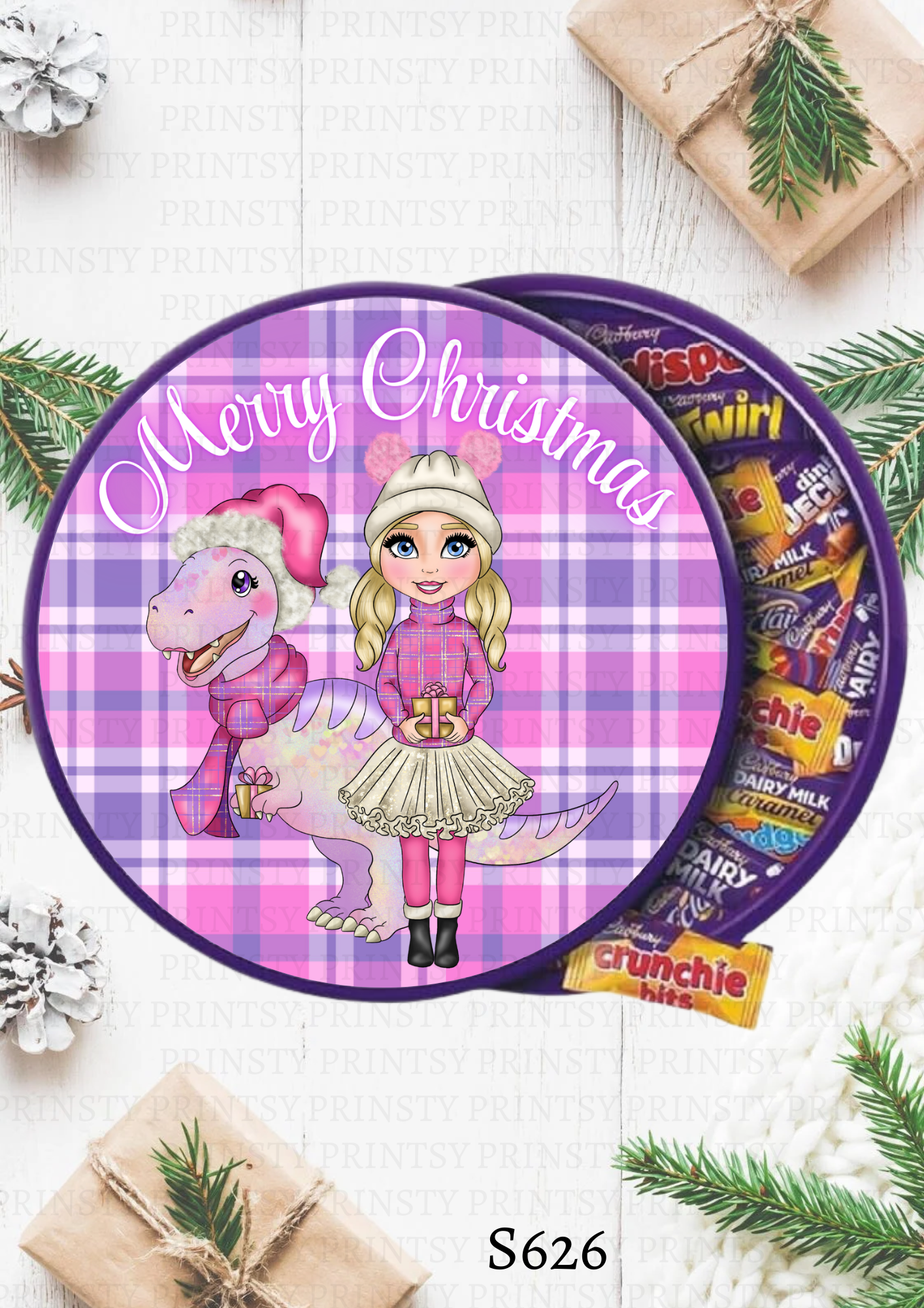 Pink Dino Christmas Dolly Chocolate Tub Sticker