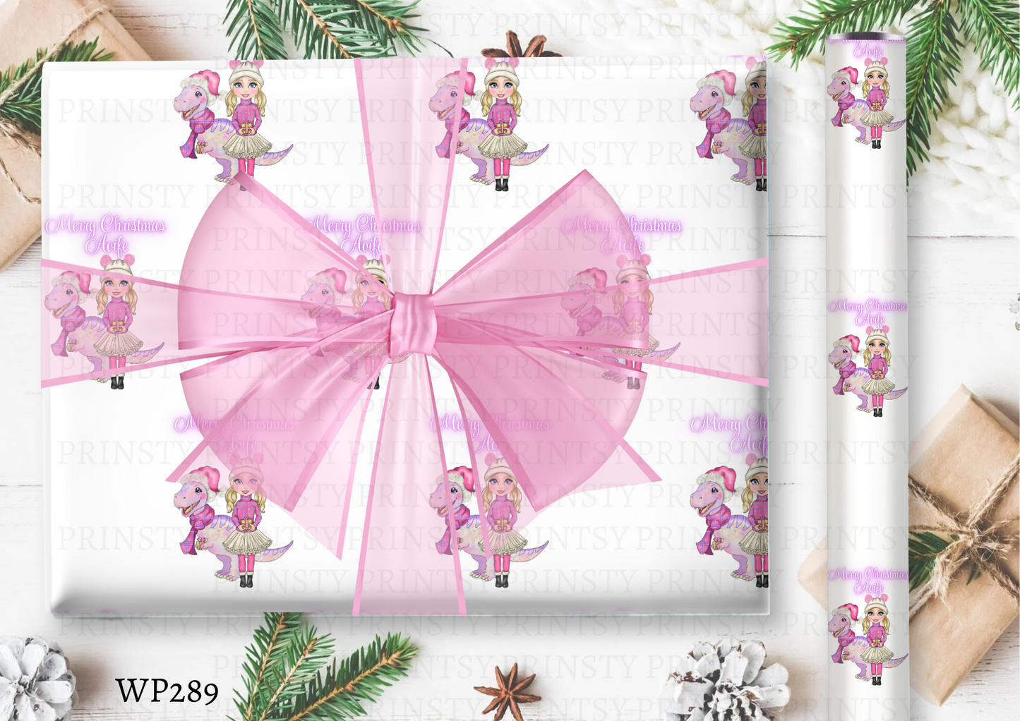 Pink Dino Christmas Dolly Wrapping Paper