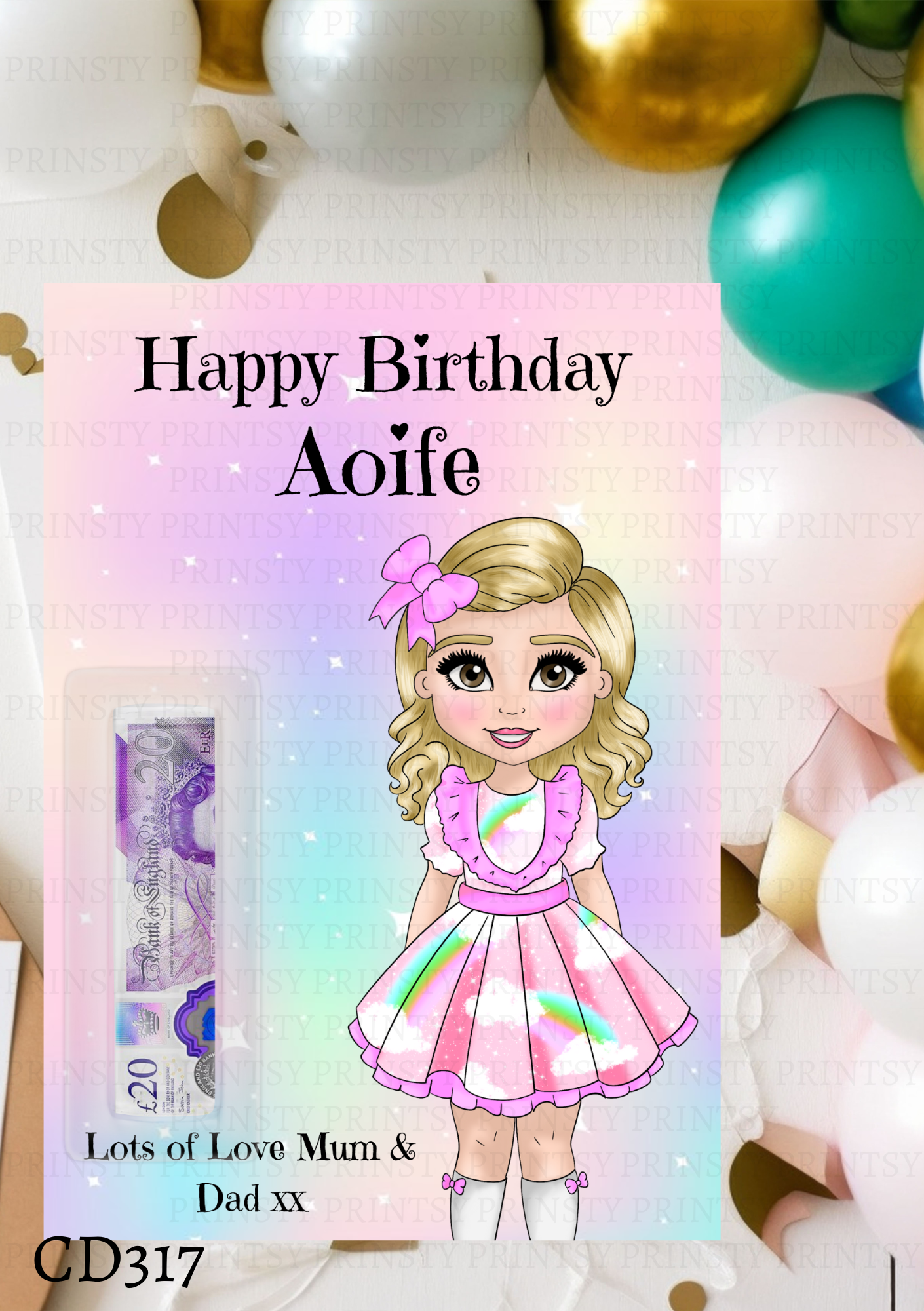 Rainbow Dolly Birthday Money Card