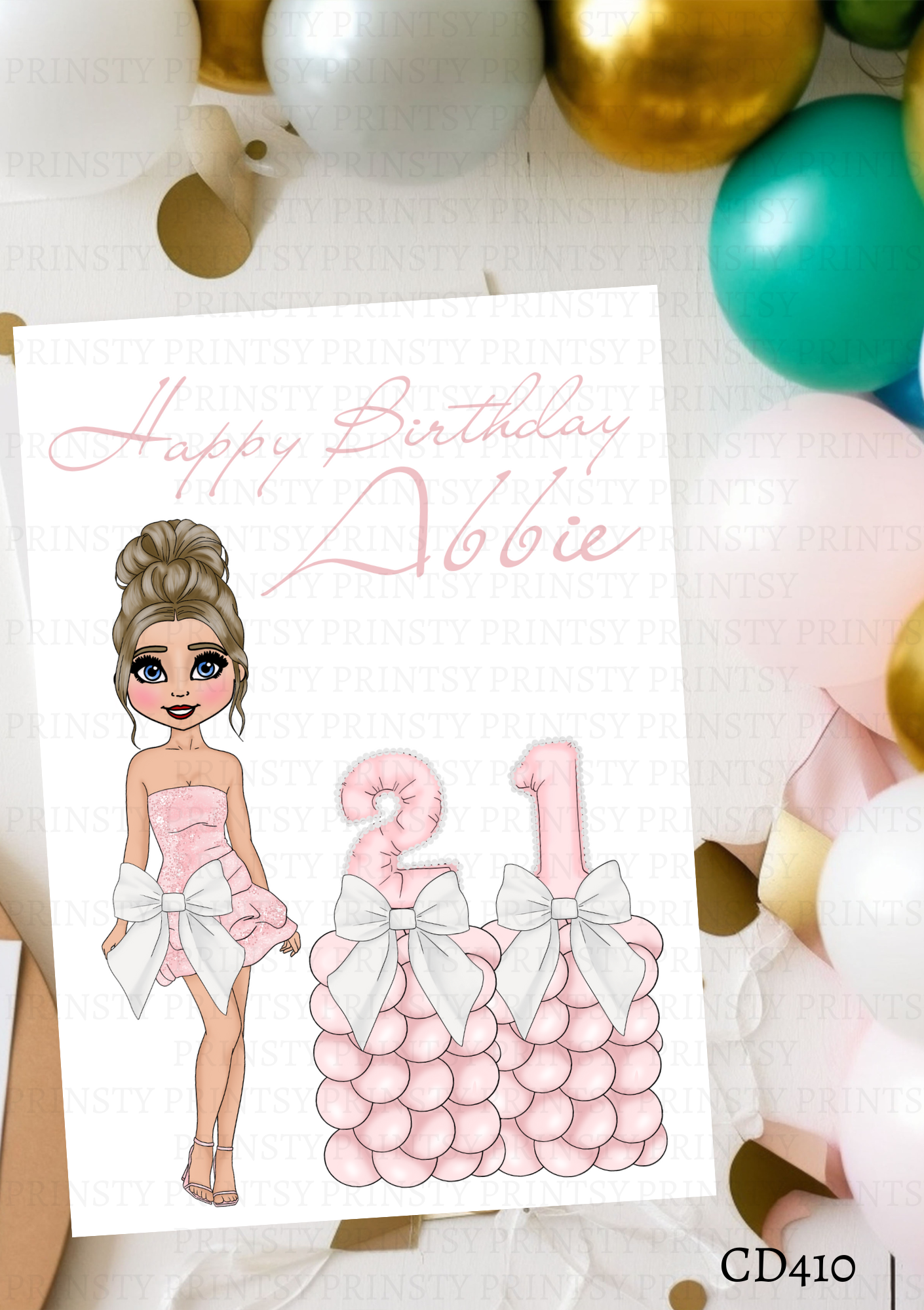 Pink & White Bow Dolly Celebration Card