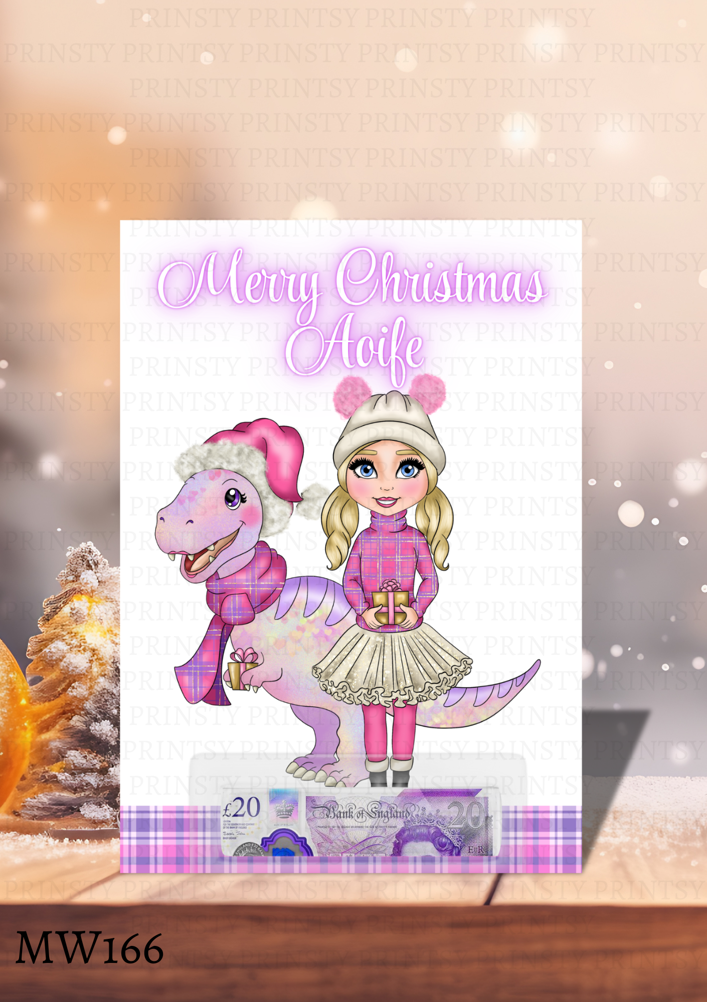 Pink Dino Christmas Dolly Money Card