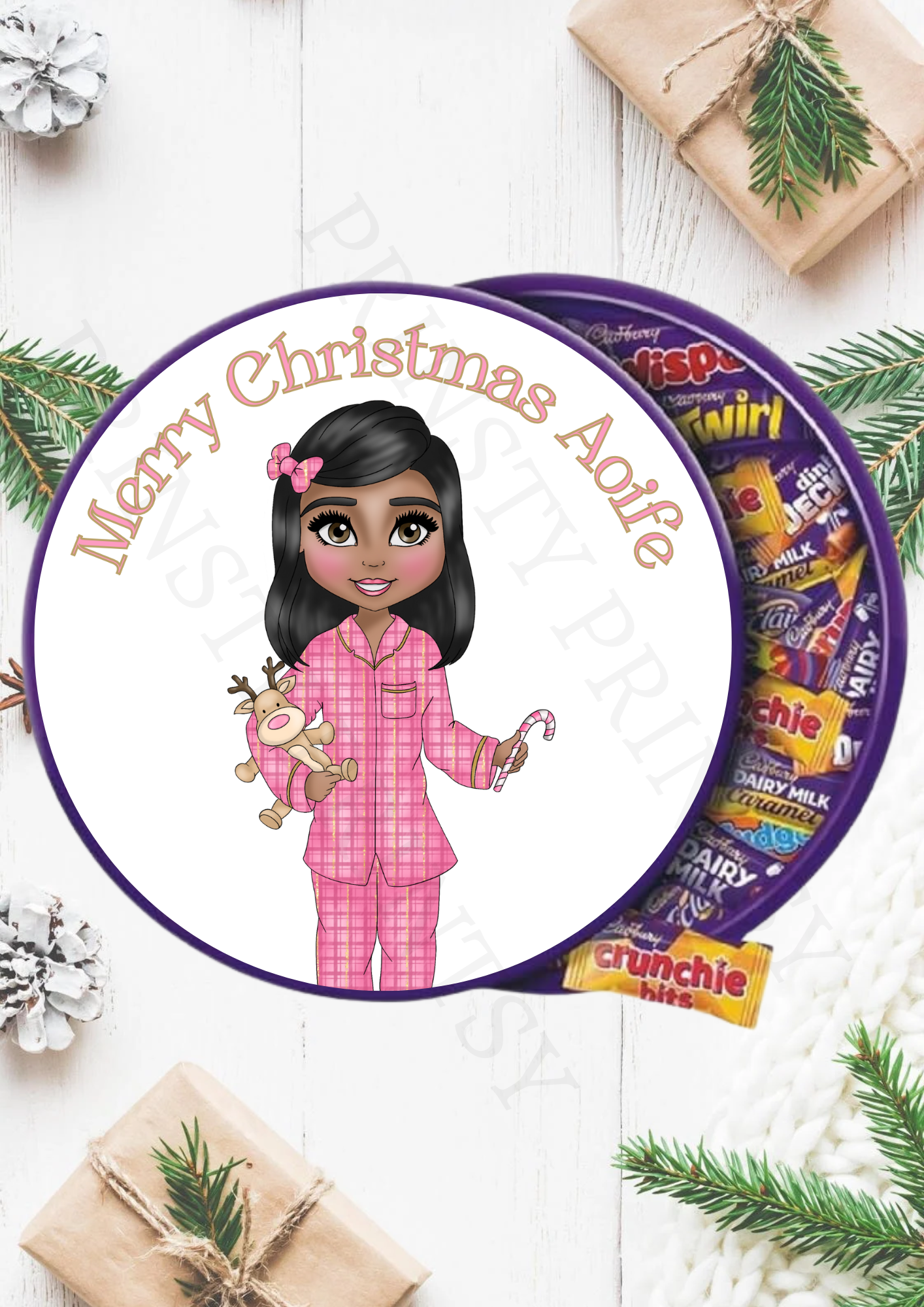 Pink Pj's Christmas Dolly Chocolate Tub Sticker