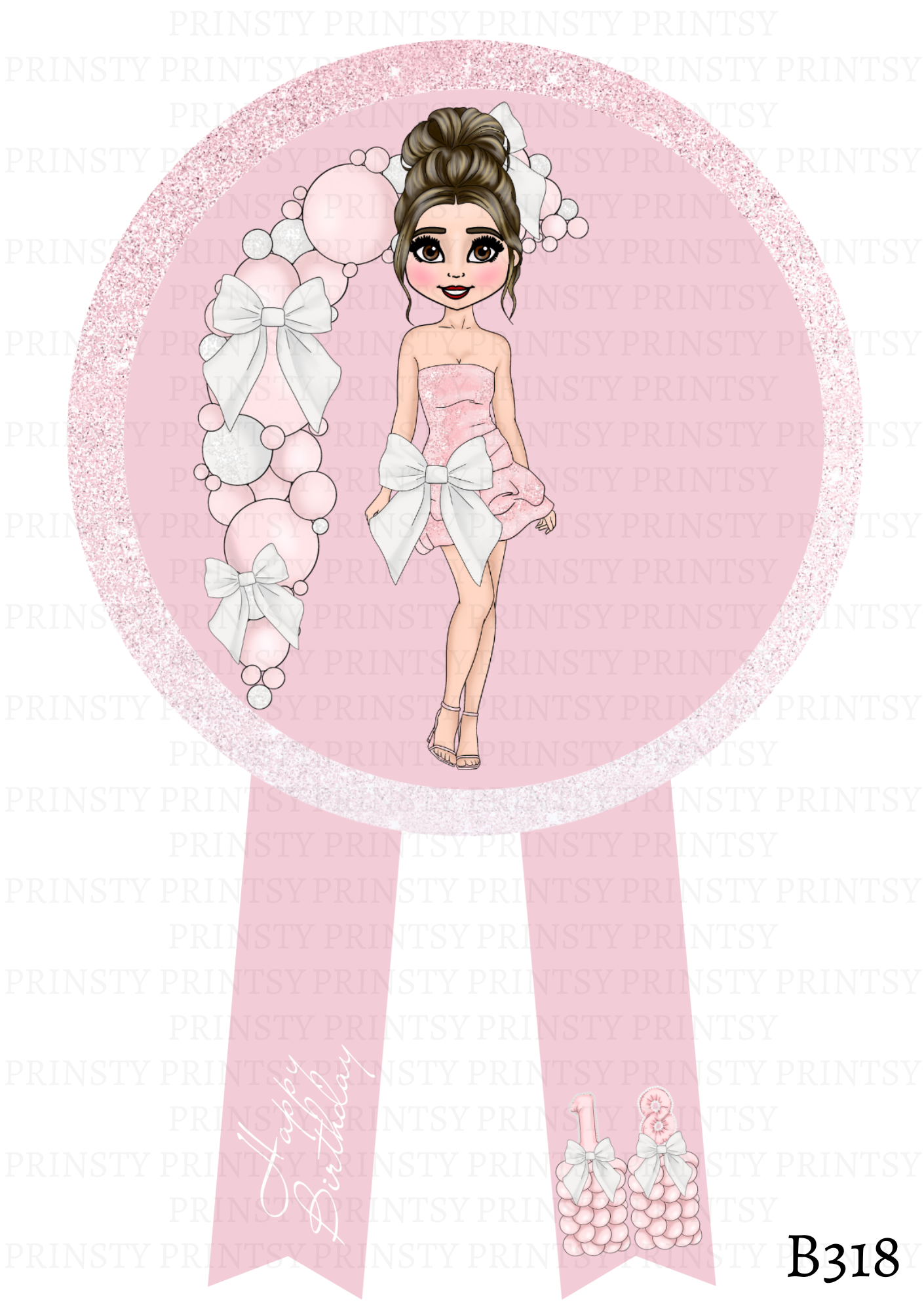 Pink & White Bow Dolly Badge