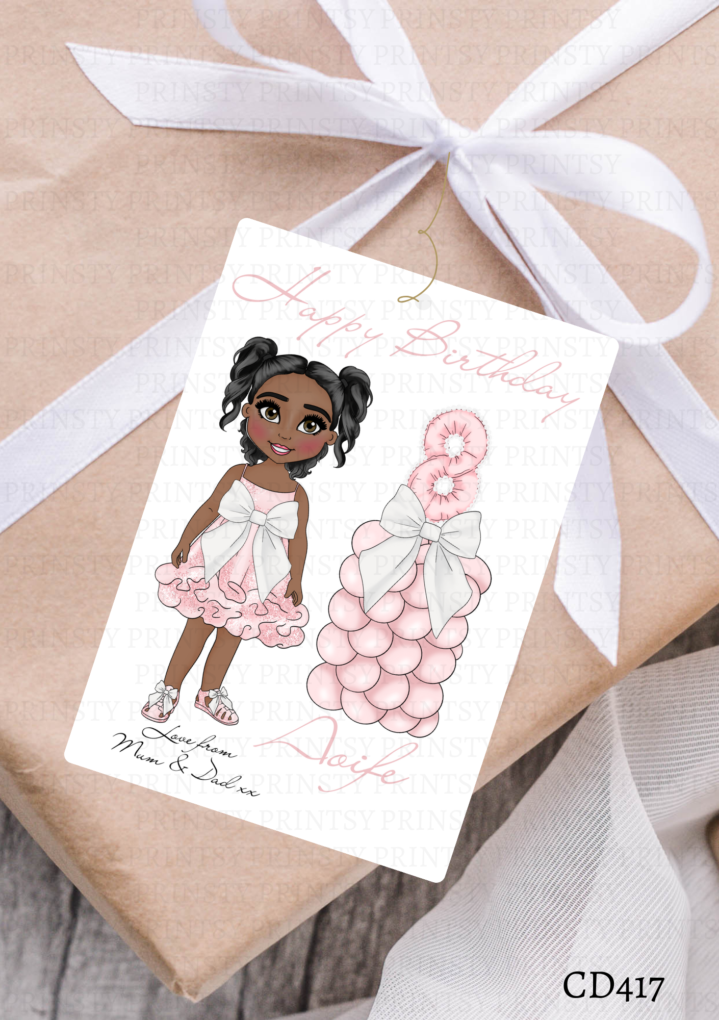 Pink & White Bow Dolly Gift Label