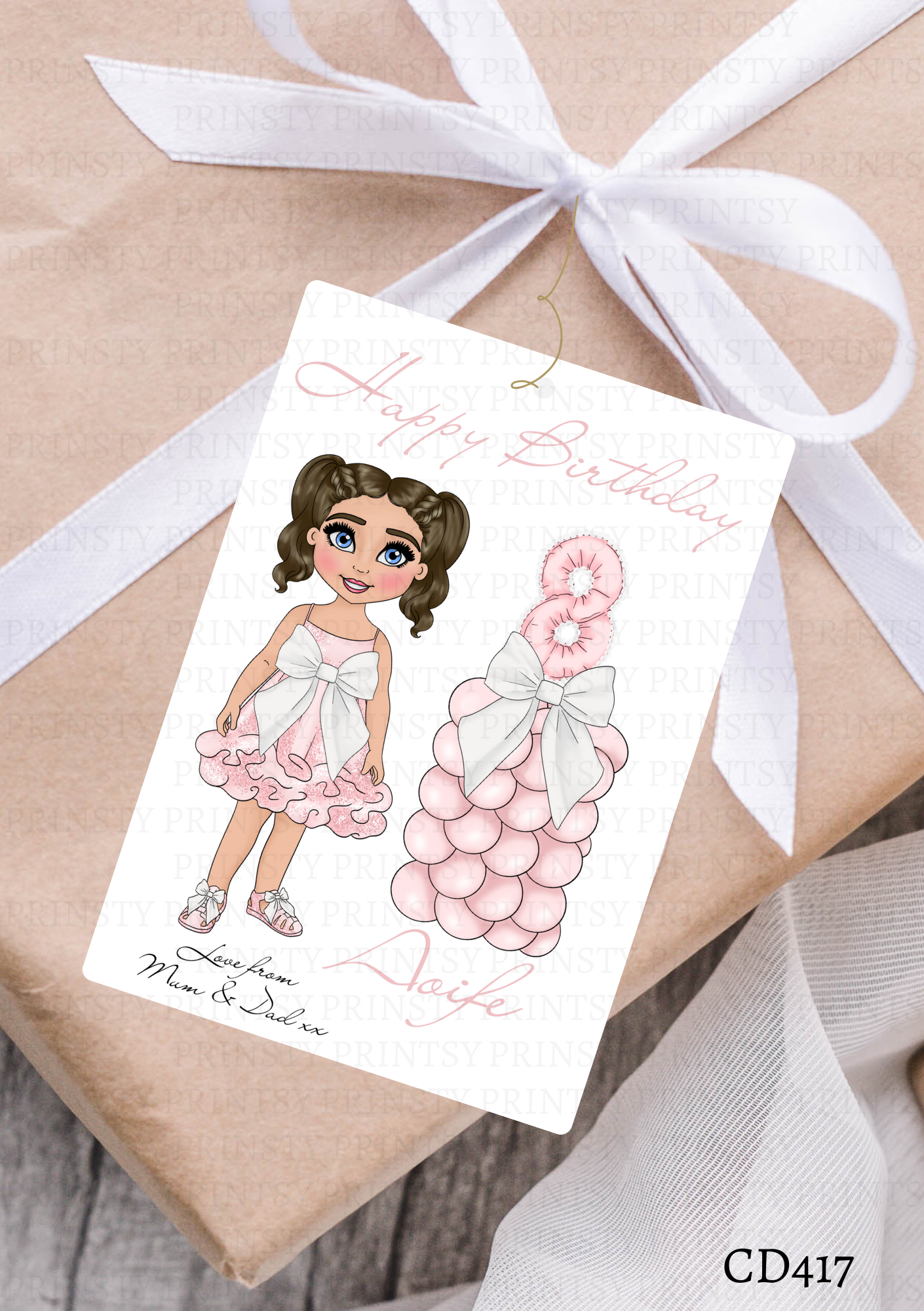 Pink & White Bow Dolly Gift Label