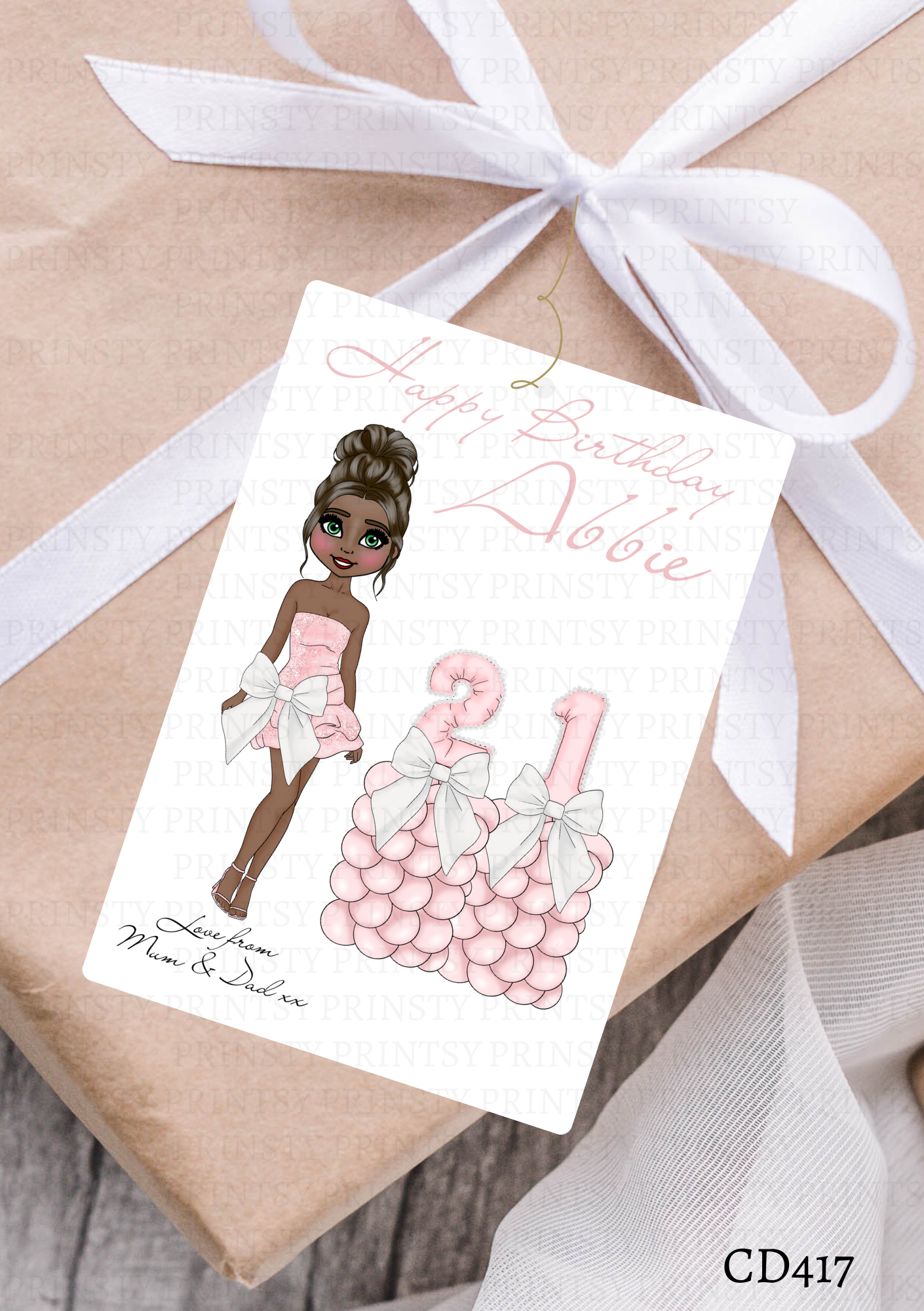 Pink & White Bow Dolly Gift Label