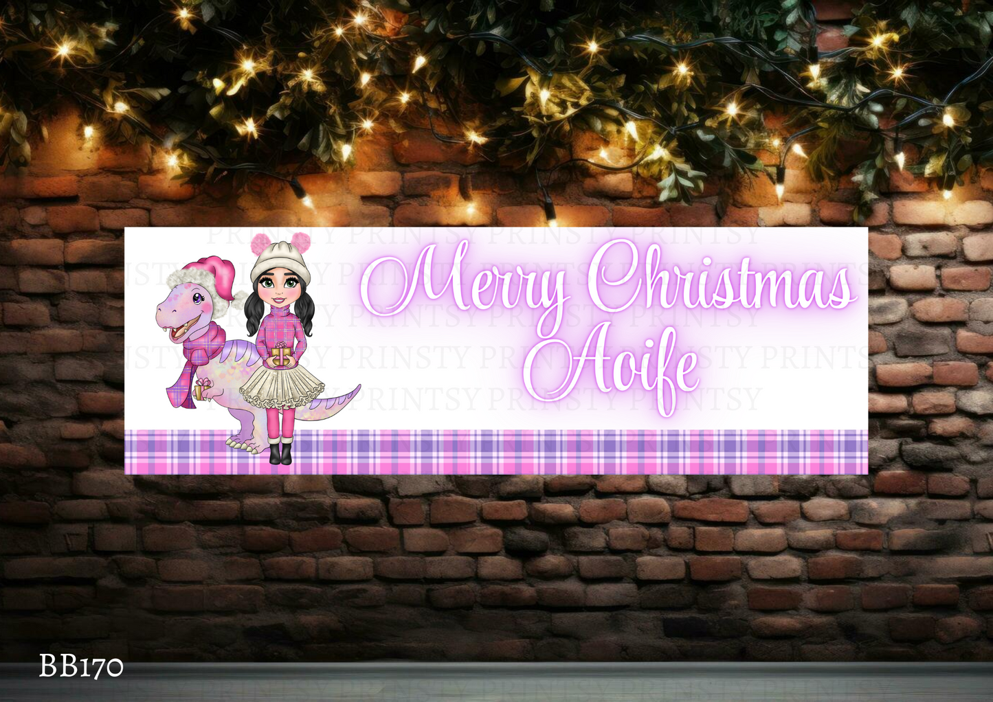 Pink Dino Christmas Dolly Banner