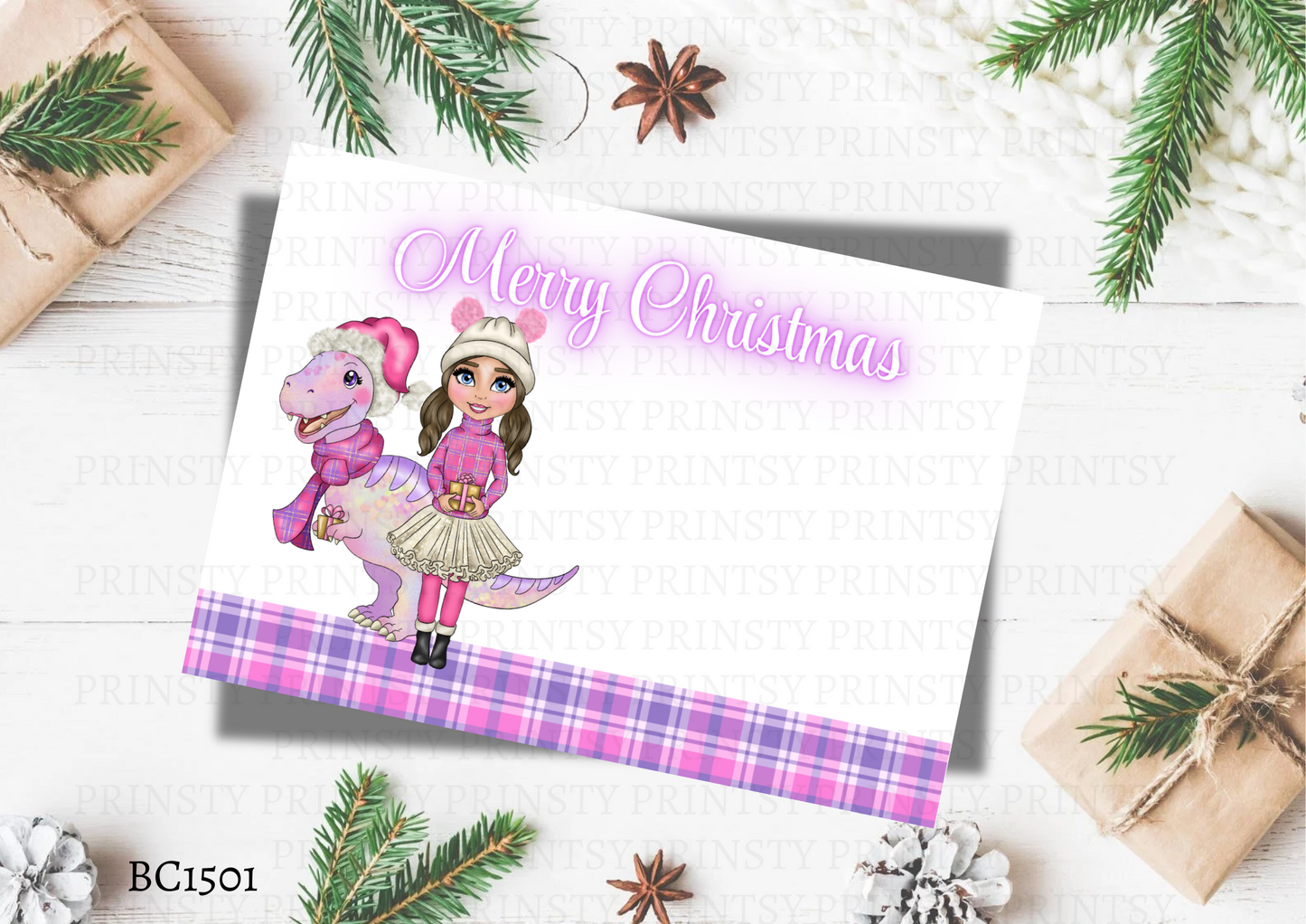 Pink Dino Christmas Dolly Bow Card