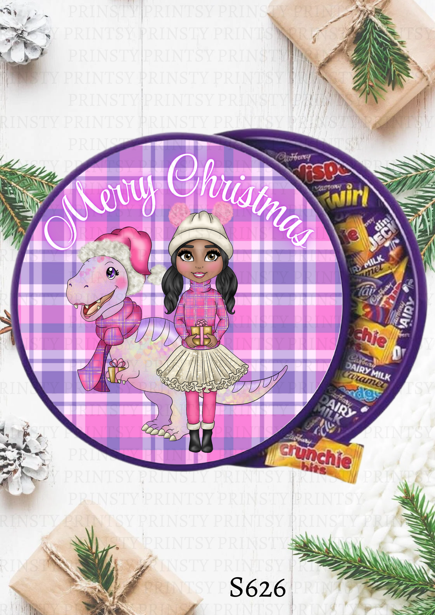 Pink Dino Christmas Dolly Chocolate Tub Sticker