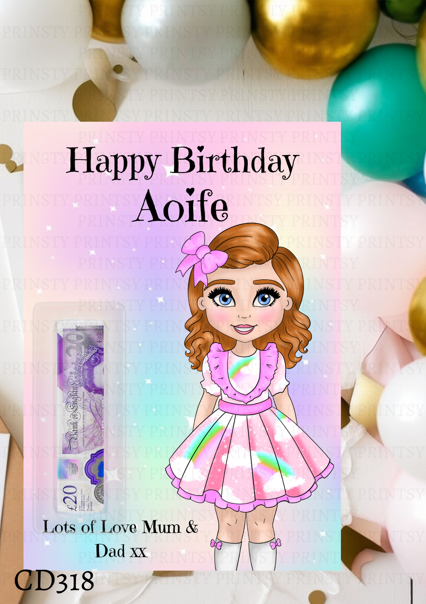 Rainbow Dolly Birthday Money Card