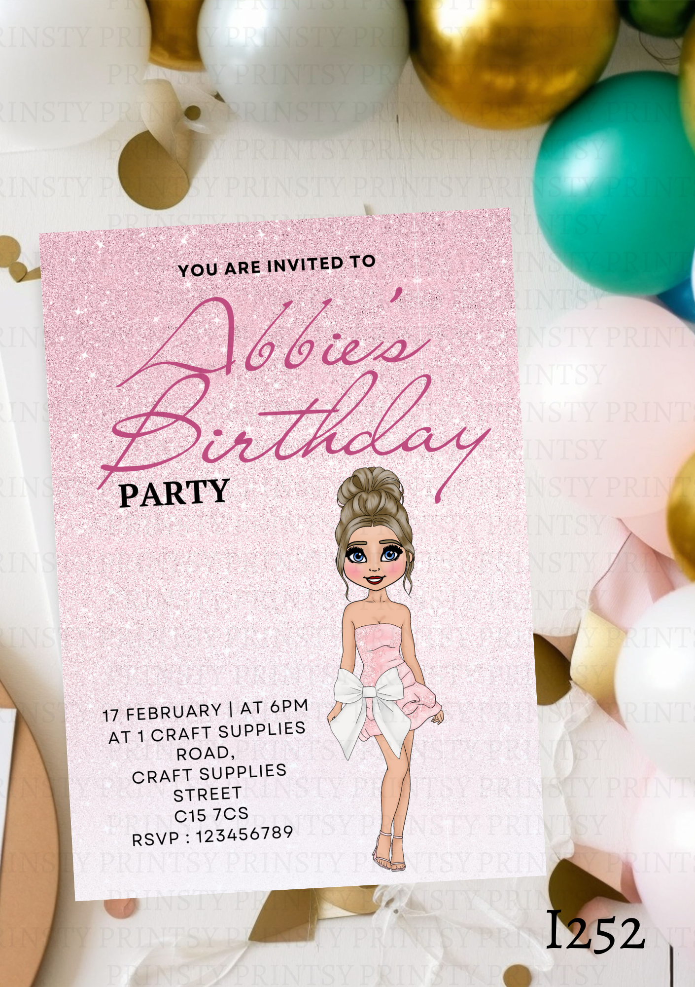 Pink & White Bow Dolly Invite