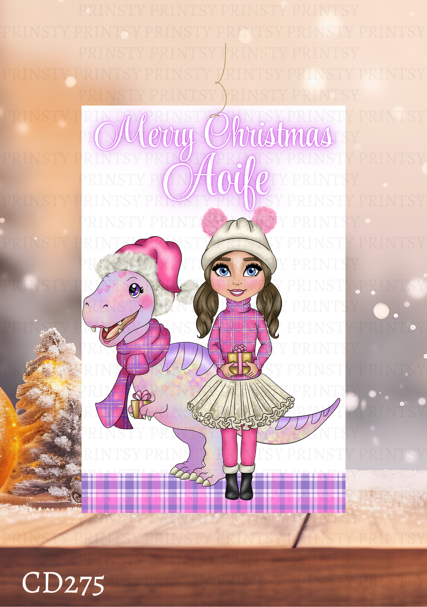 Pink Dino Christmas Dolly Gift Label