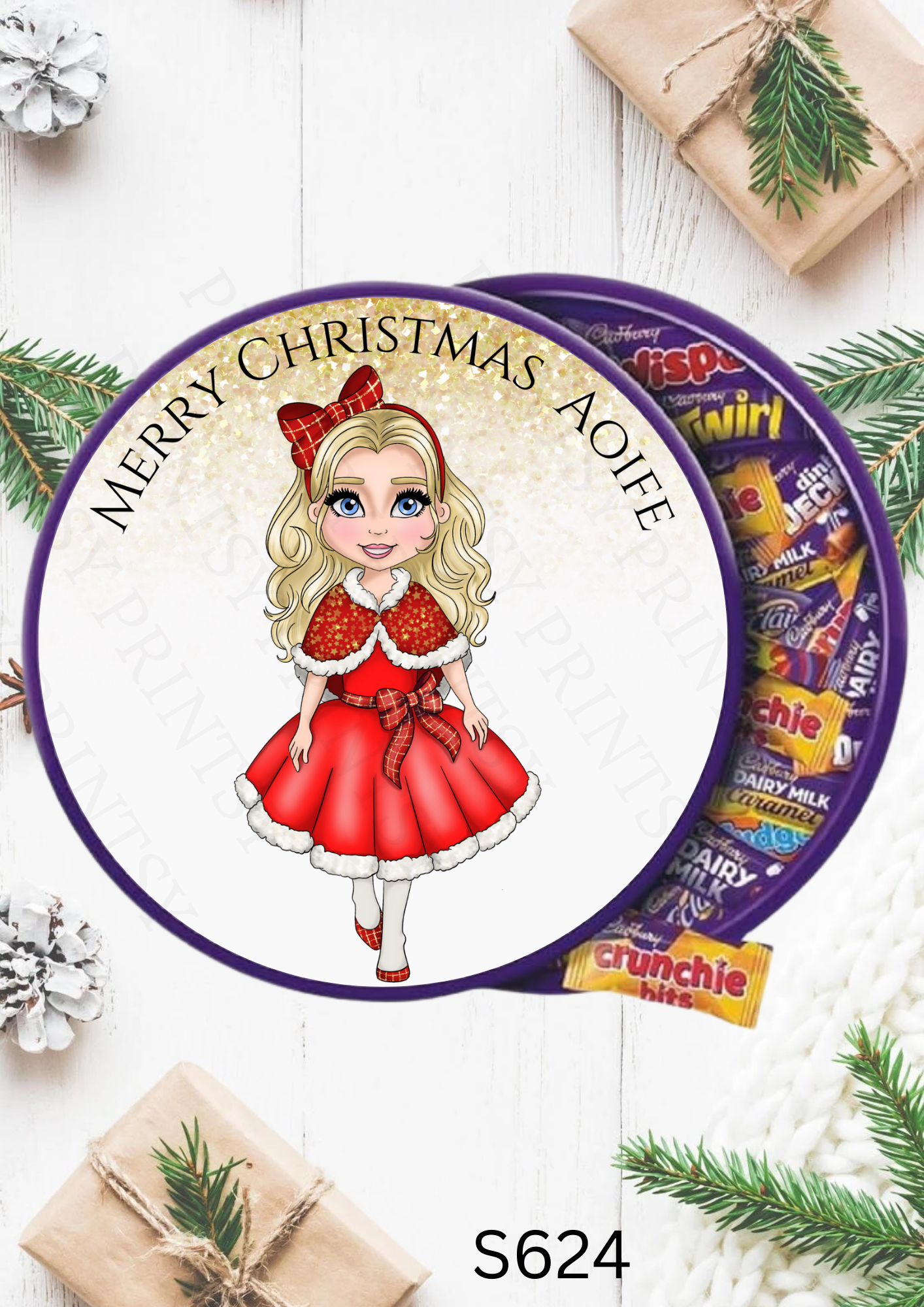 Christmas Red Dress Dolly Chocolate Tub Sticker