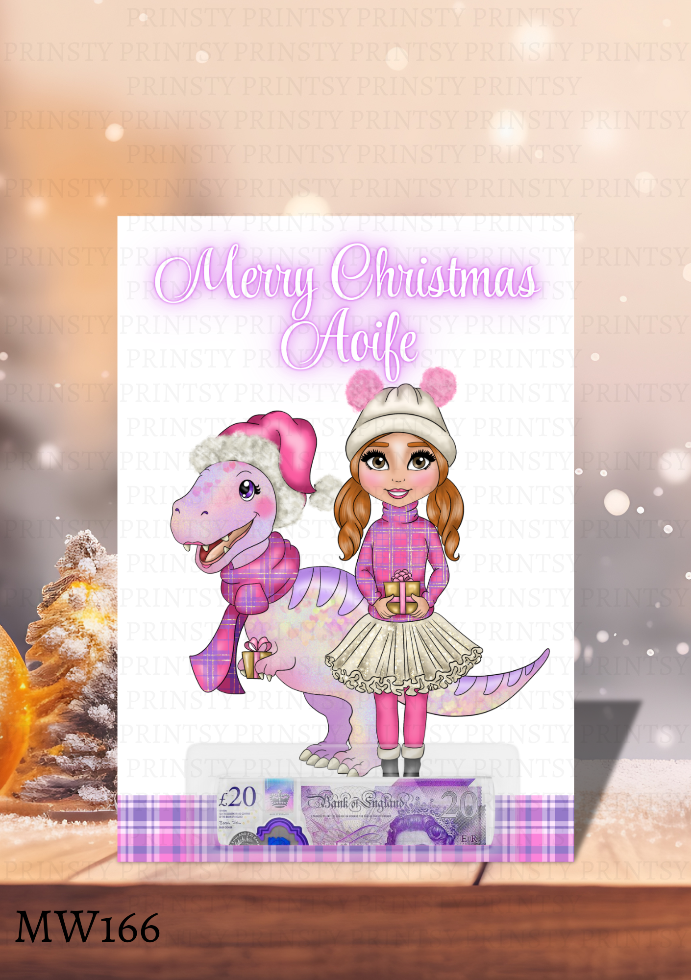 Pink Dino Christmas Dolly Money Card