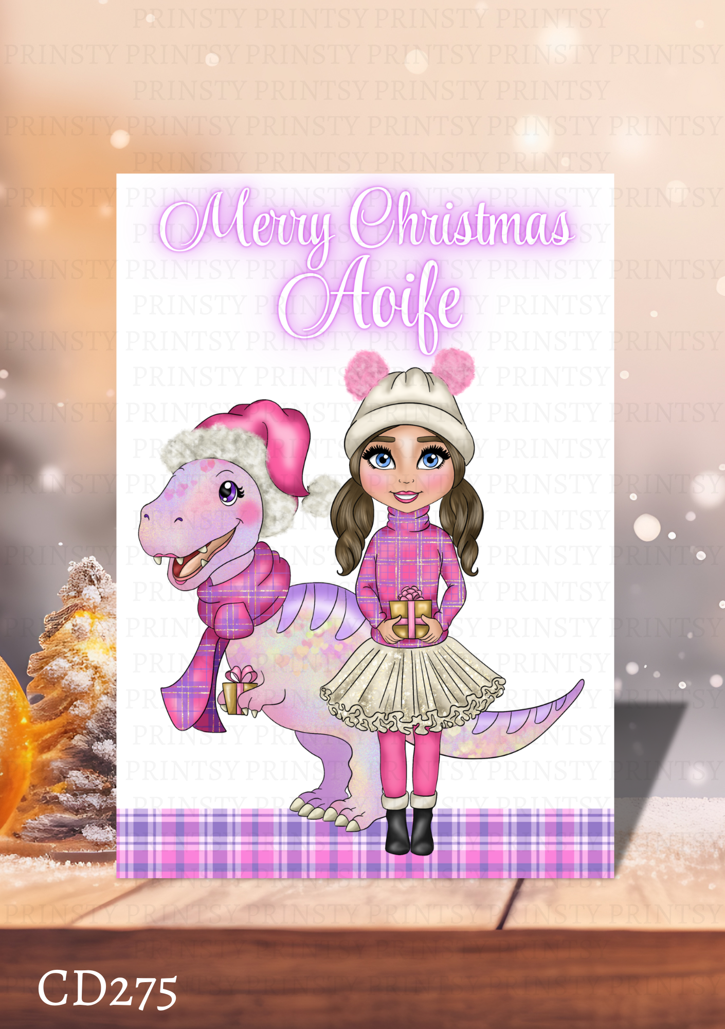 Pink Dino Christmas Dolly Card