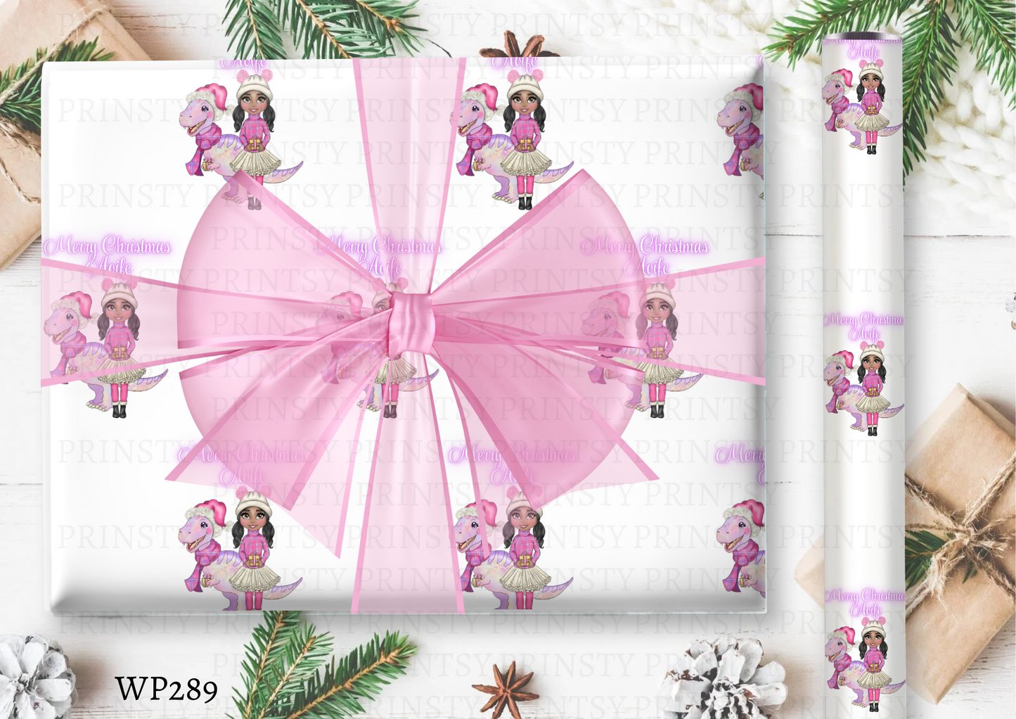 Pink Dino Christmas Dolly Wrapping Paper