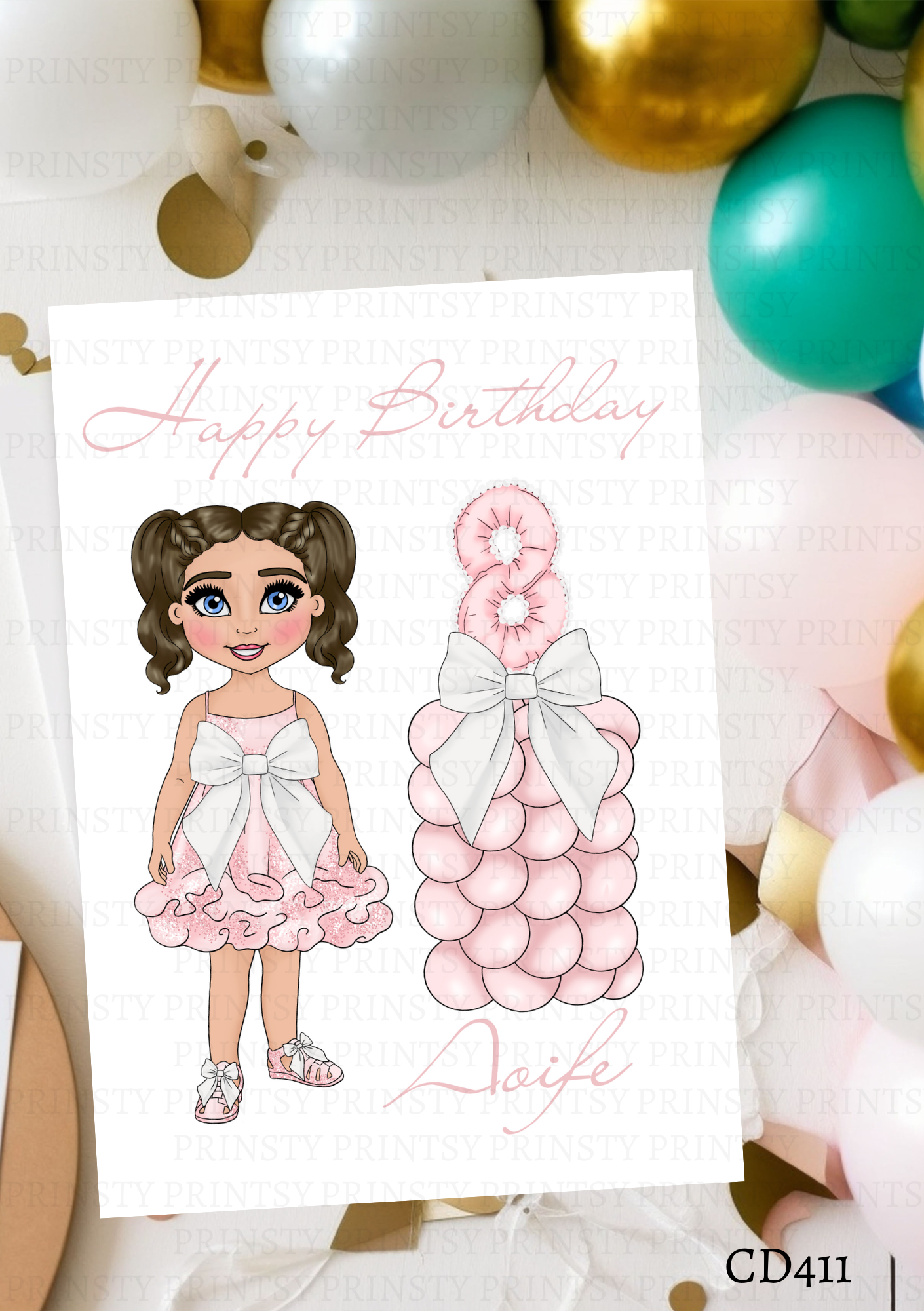 Pink & White Bow Dolly Celebration Card