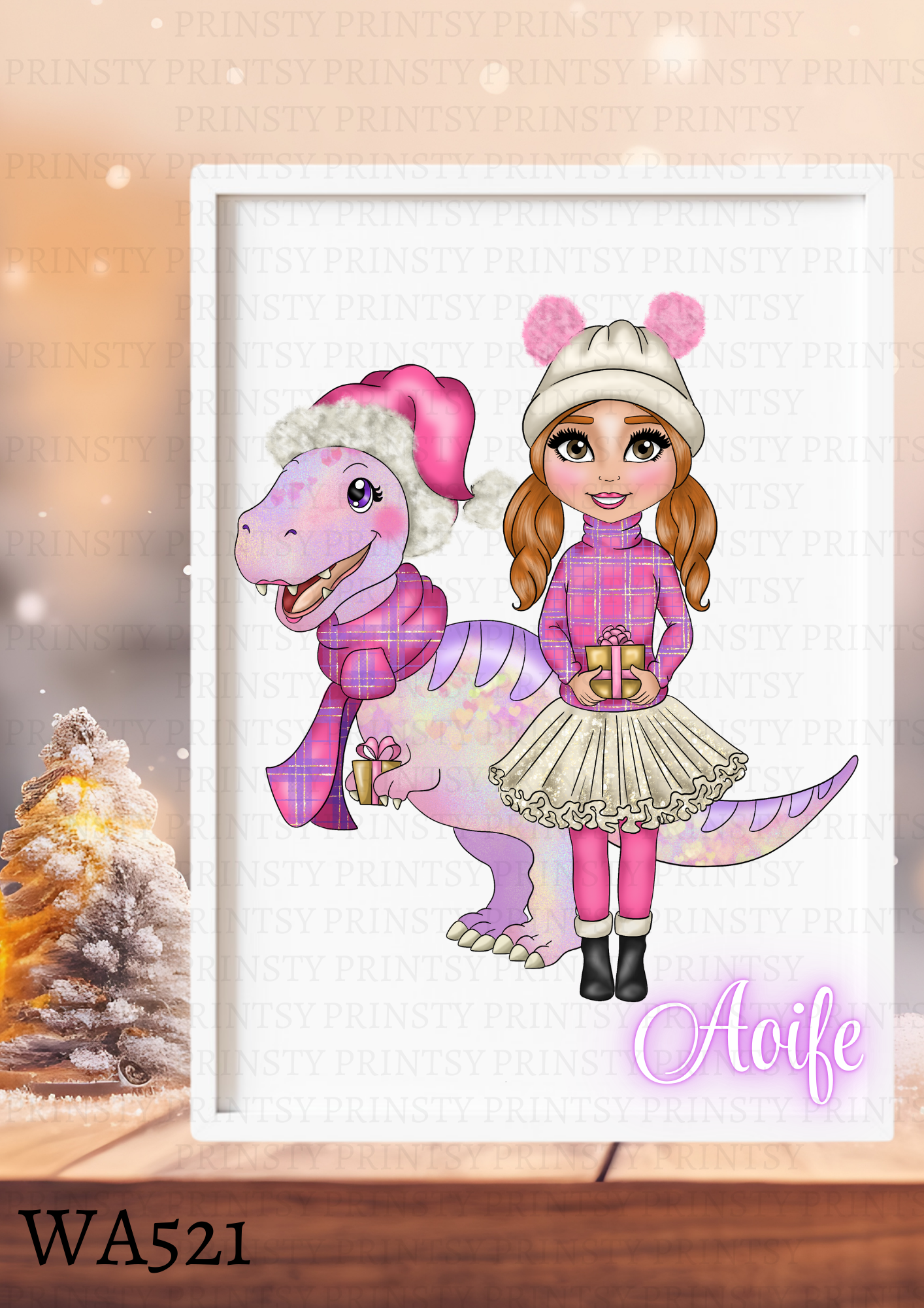 Pink Dino Christmas Dolly Wall Art