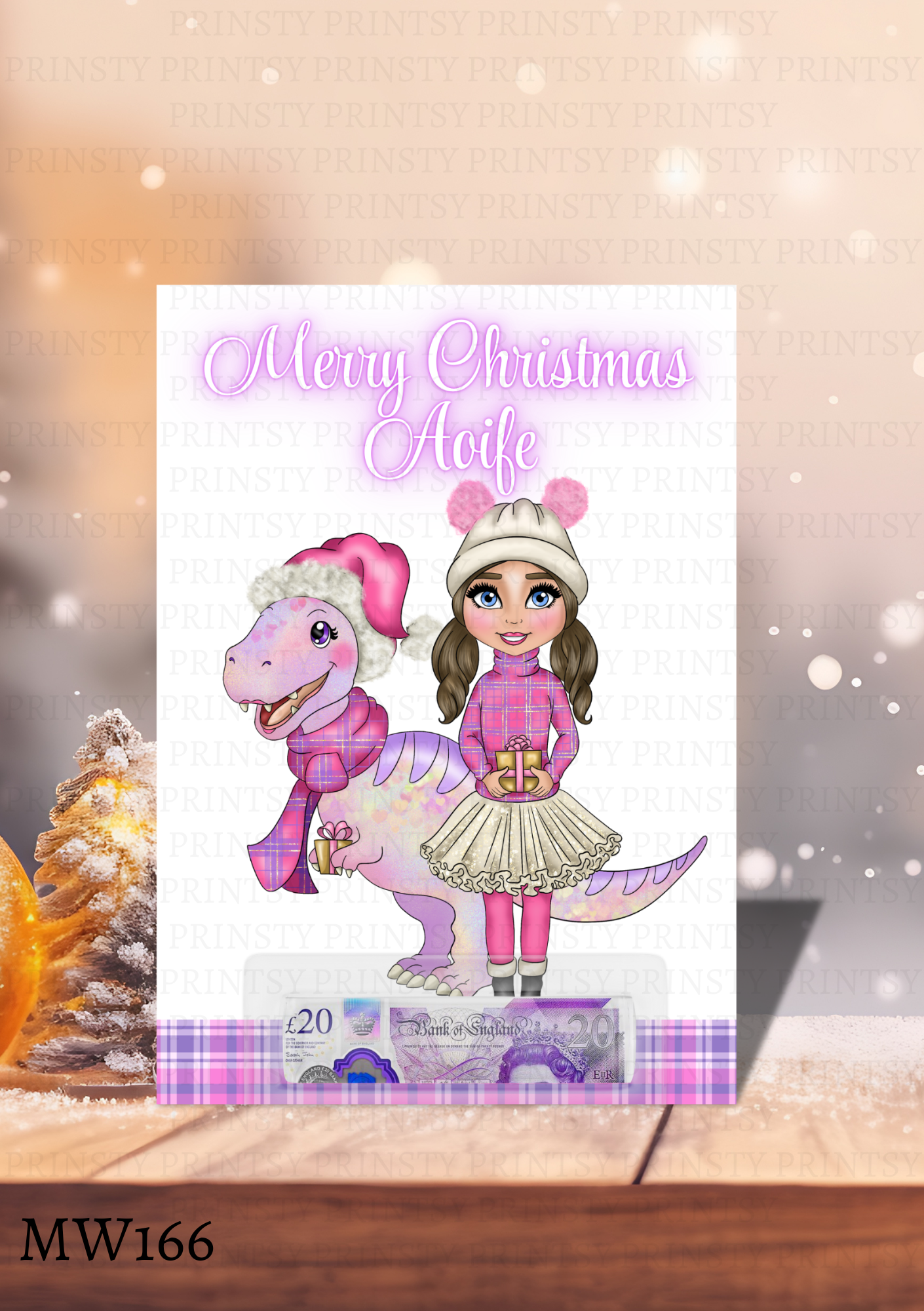 Pink Dino Christmas Dolly Money Card