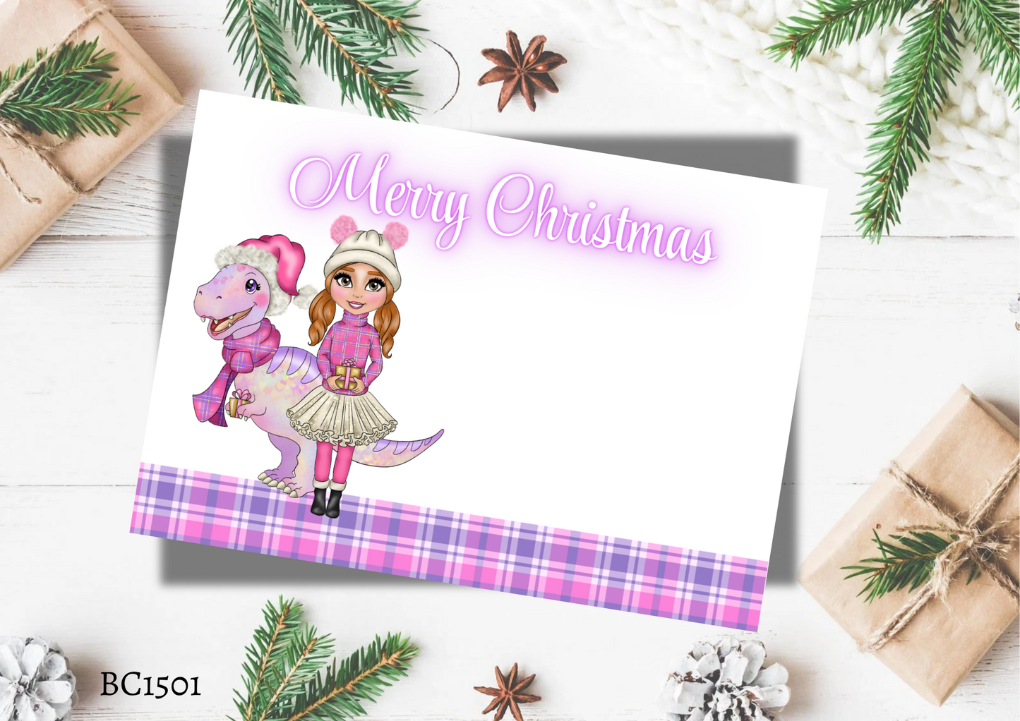 Pink Dino Christmas Dolly Bow Card