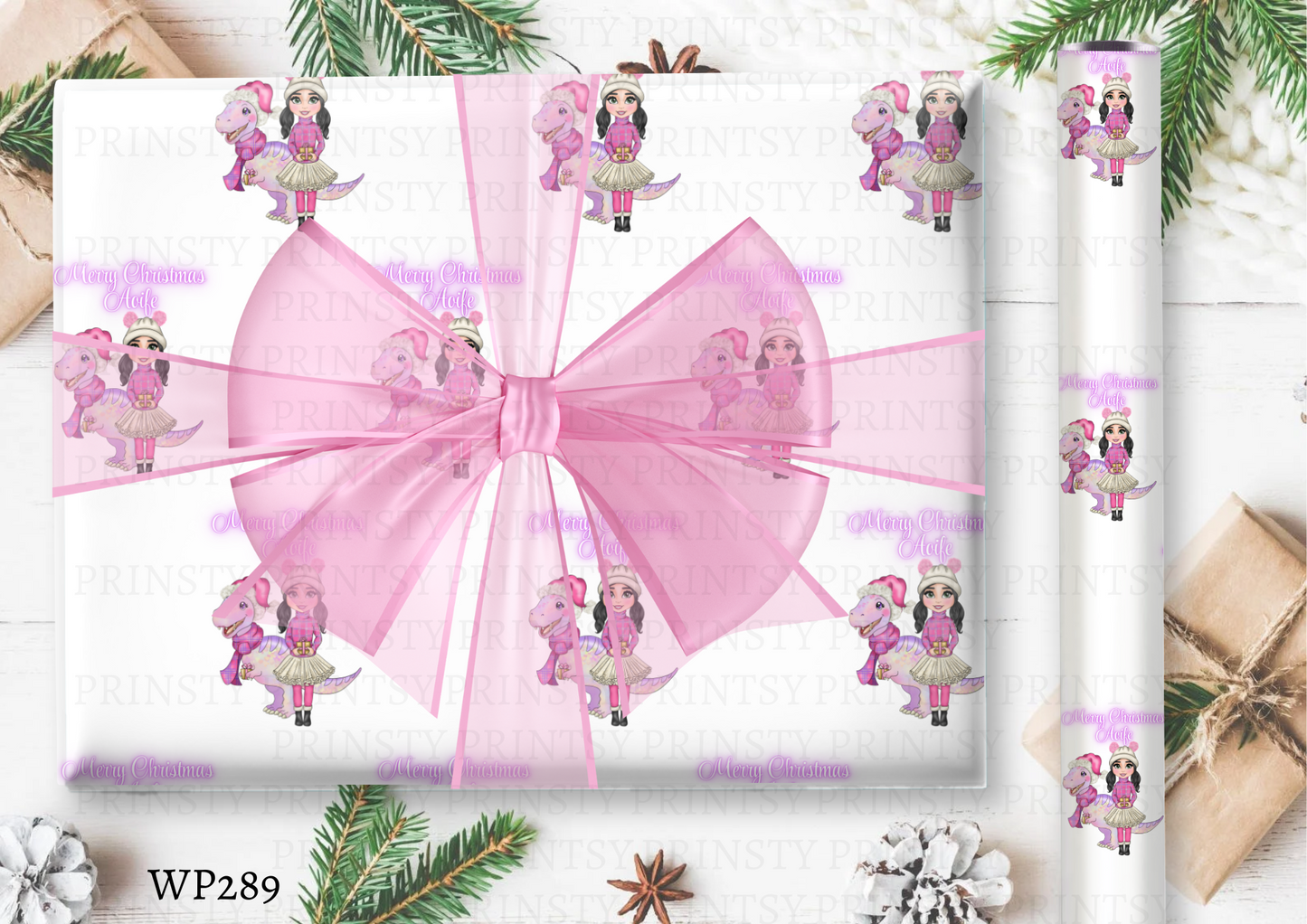 Pink Dino Christmas Dolly Wrapping Paper