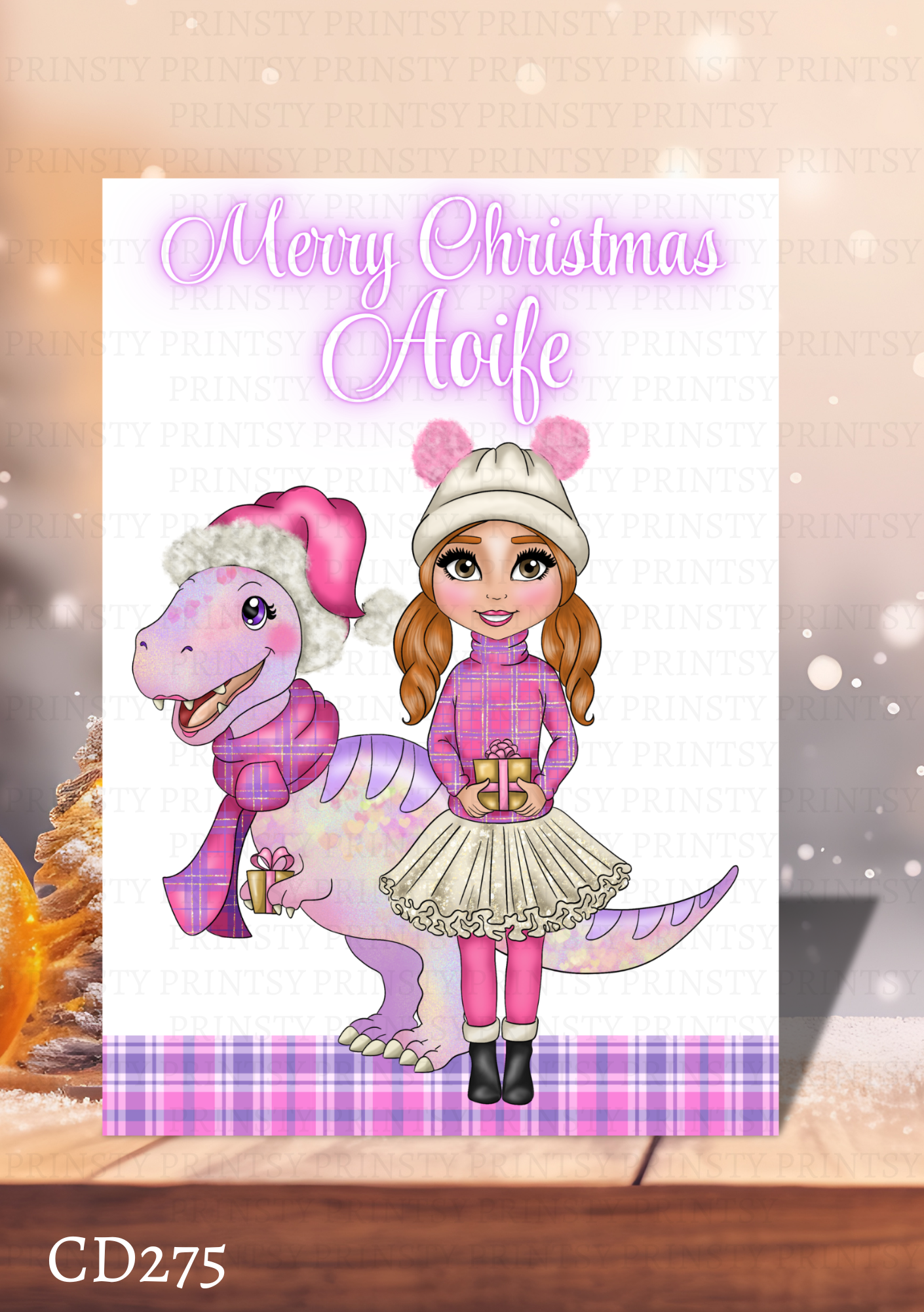 Pink Dino Christmas Dolly Card