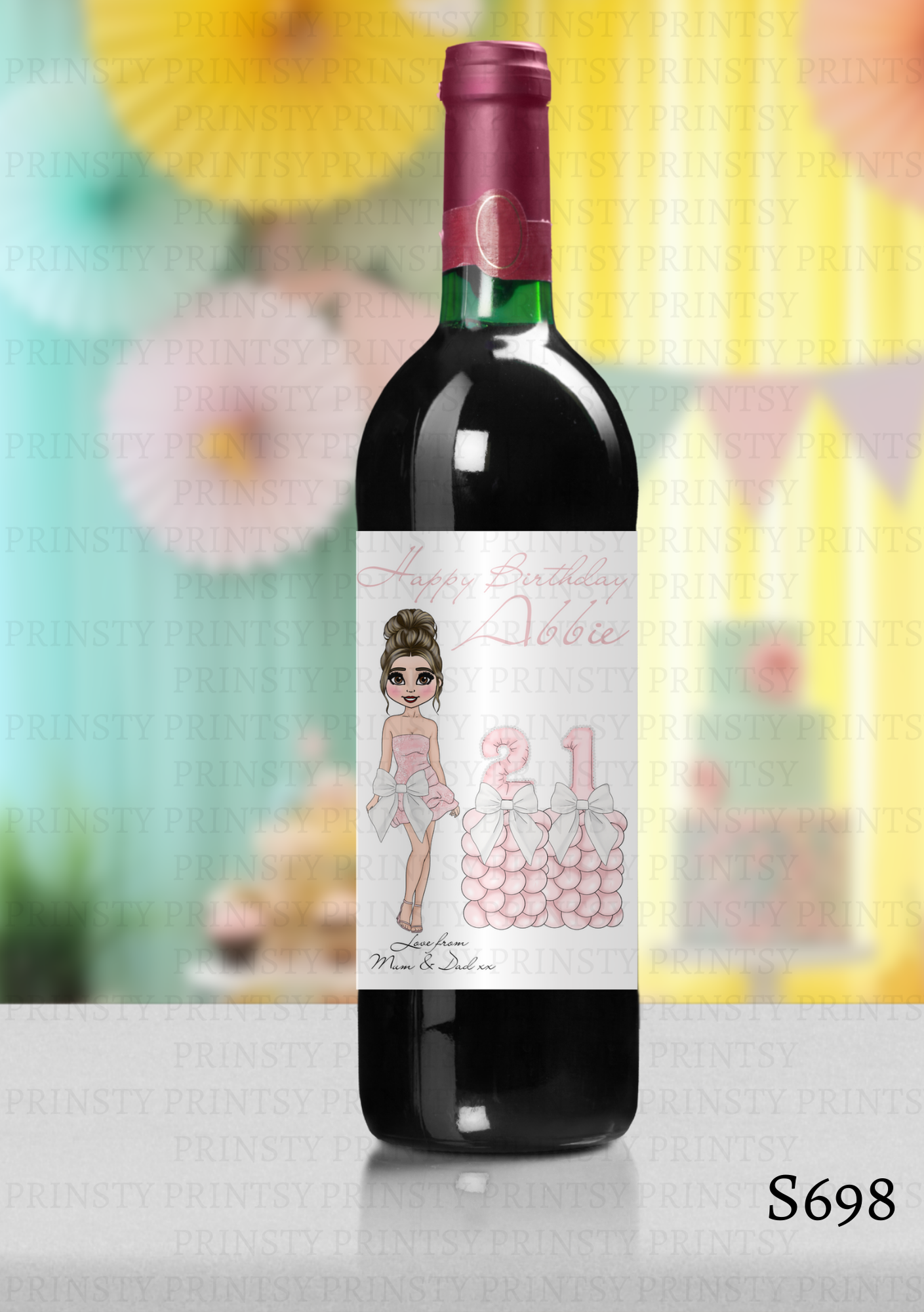 Pink & White Bow Dolly Wine Bottle Sticker