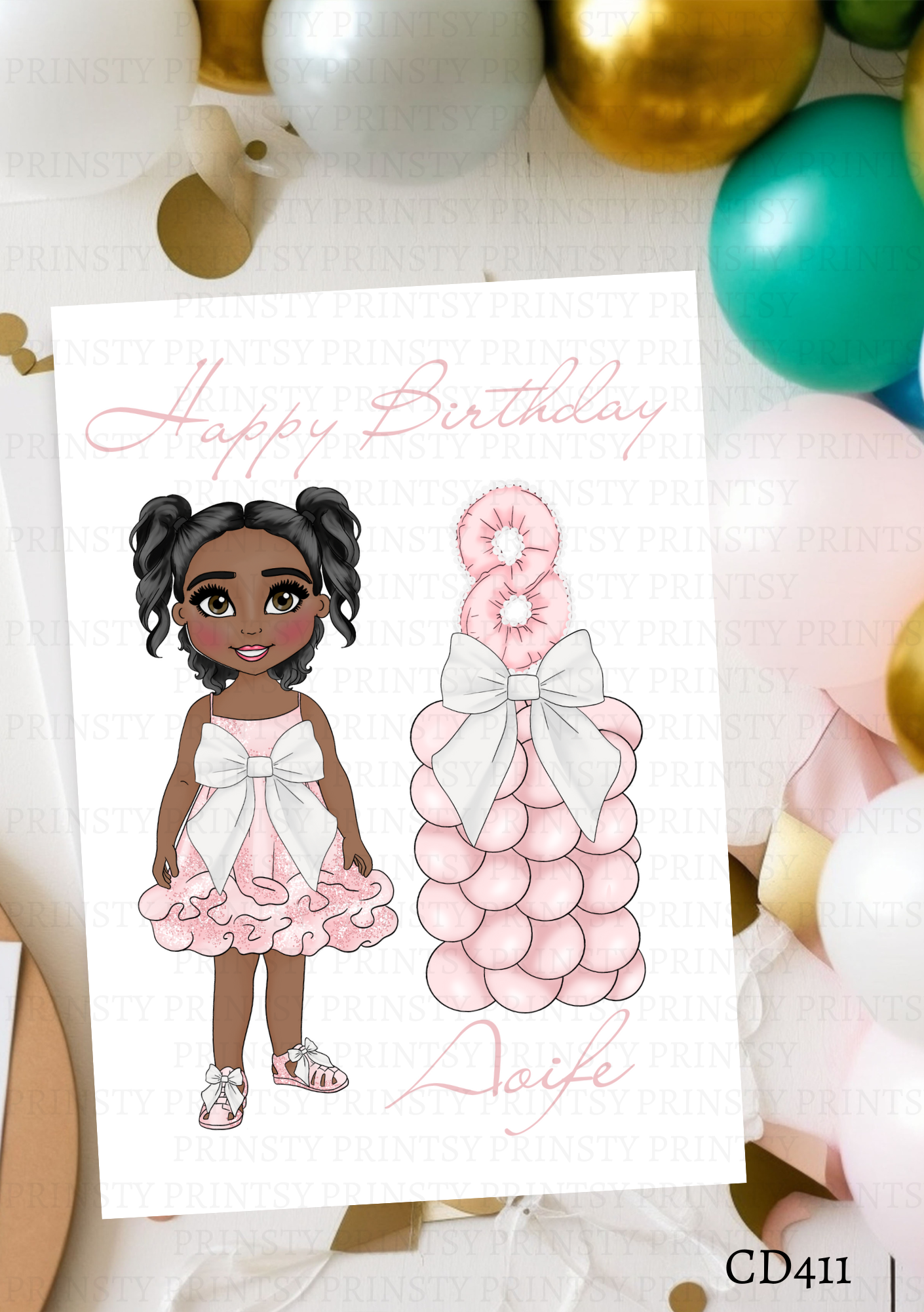 Pink & White Bow Dolly Celebration Card