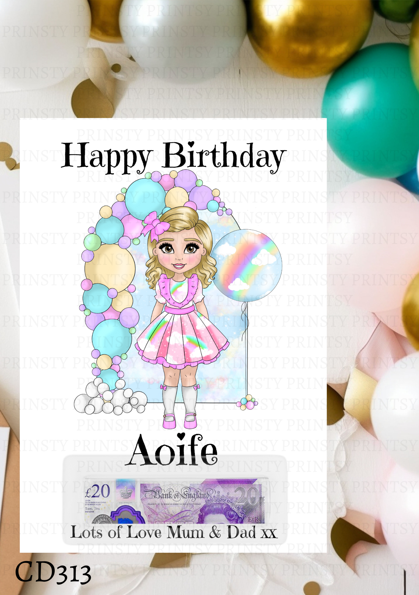 Rainbow Dolly Birthday Money Card