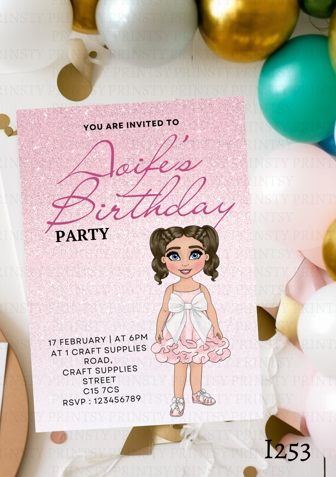 Pink & White Bow Dolly Invite