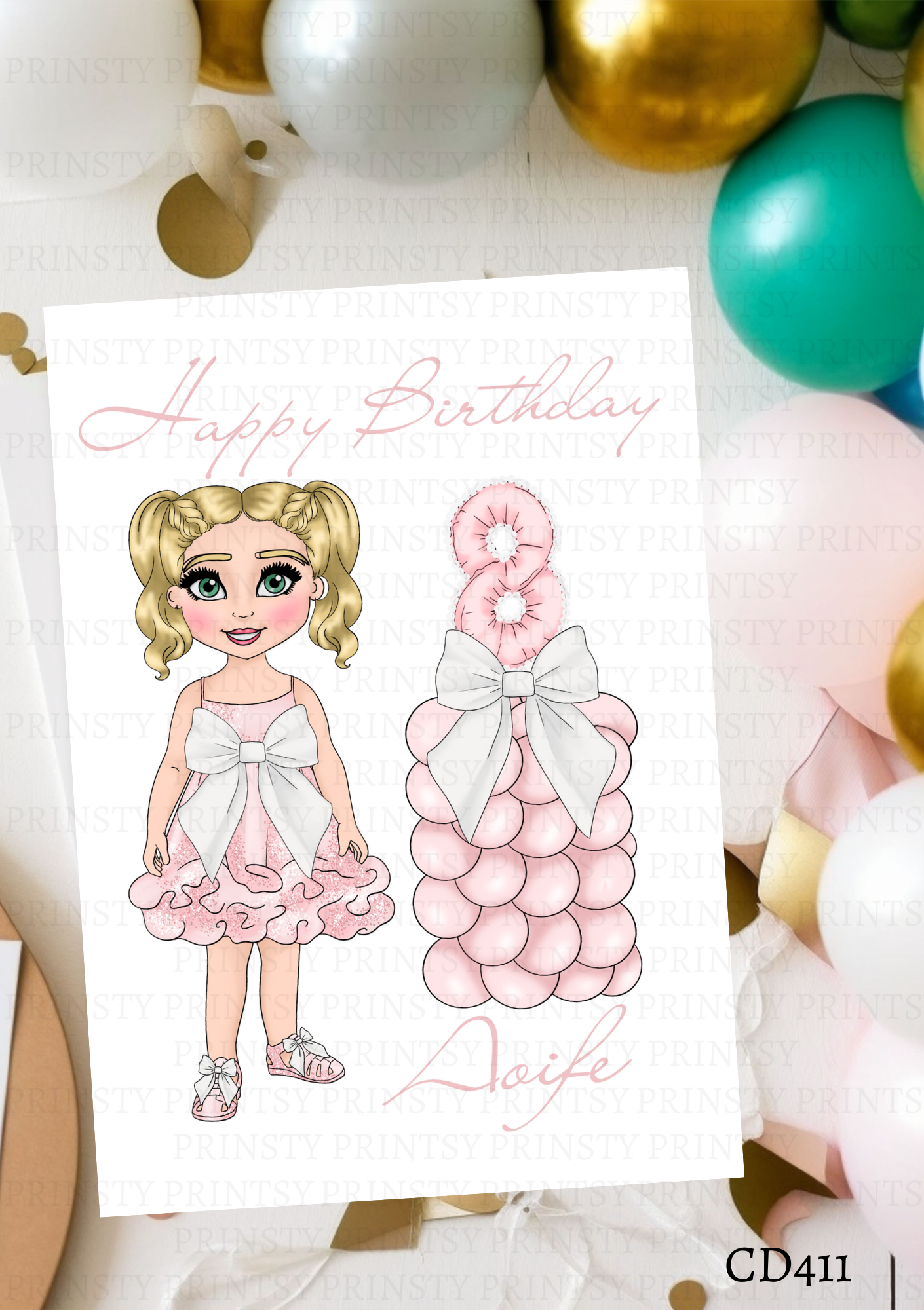 Pink & White Bow Dolly Celebration Card