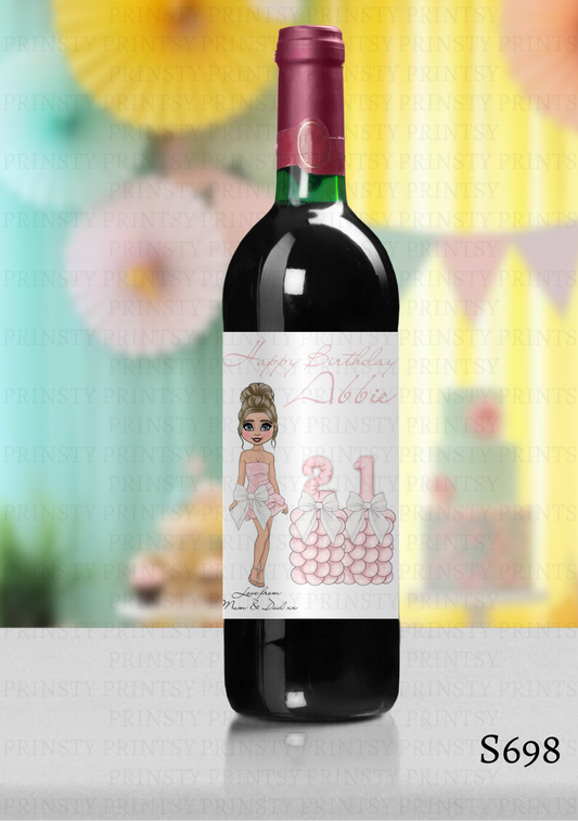 Pink & White Bow Dolly Wine Bottle Sticker