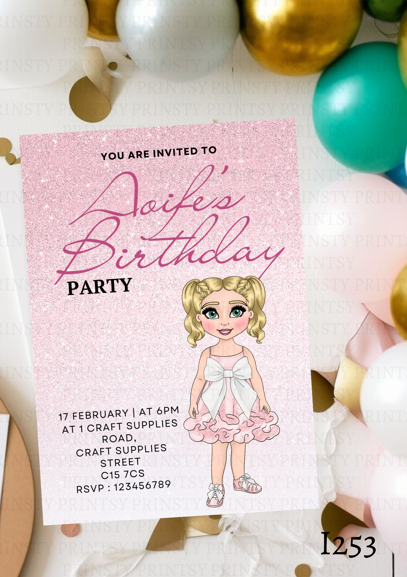 Pink & White Bow Dolly Invite