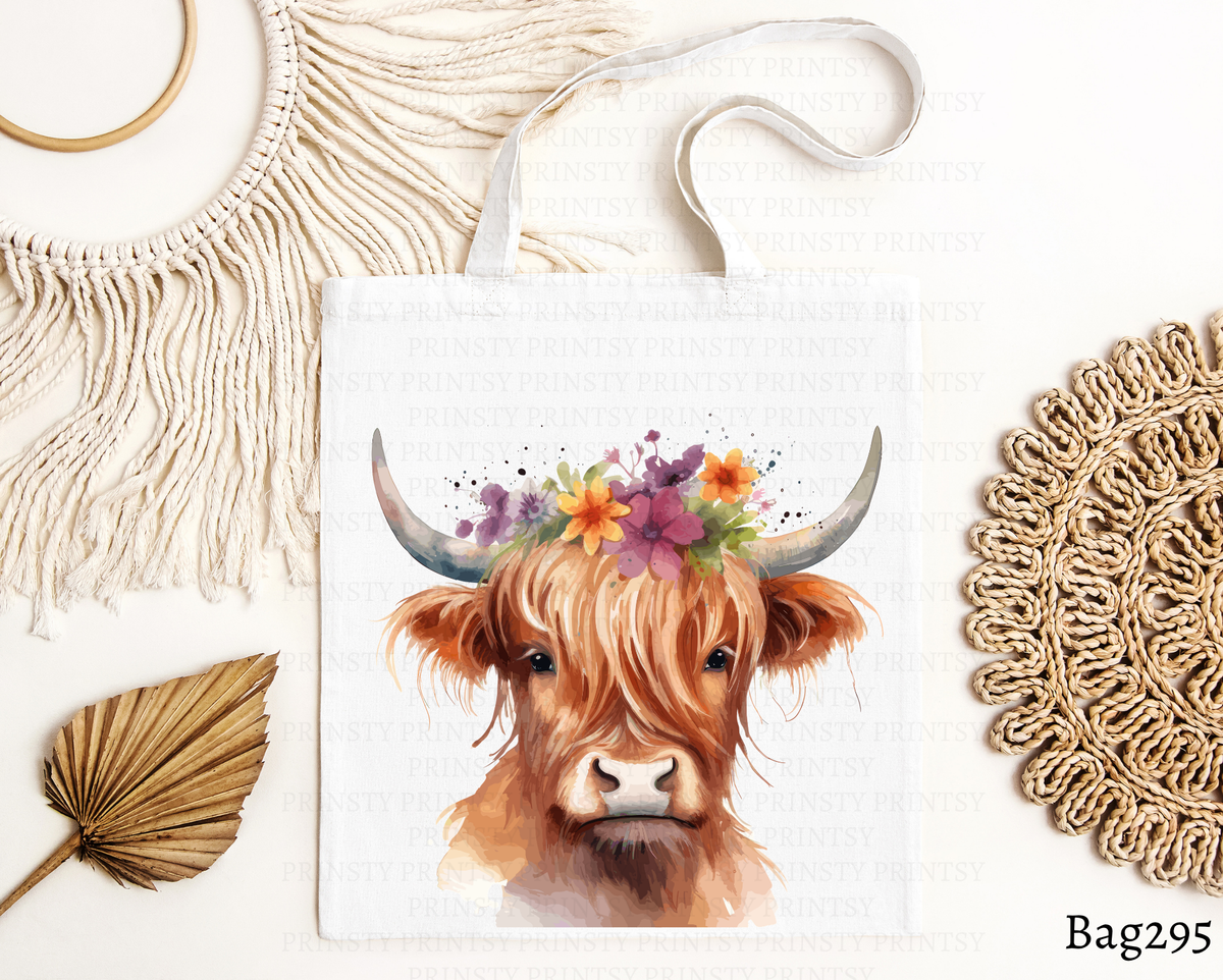 Purple and Orange Floral Highland Cow Tote Bag