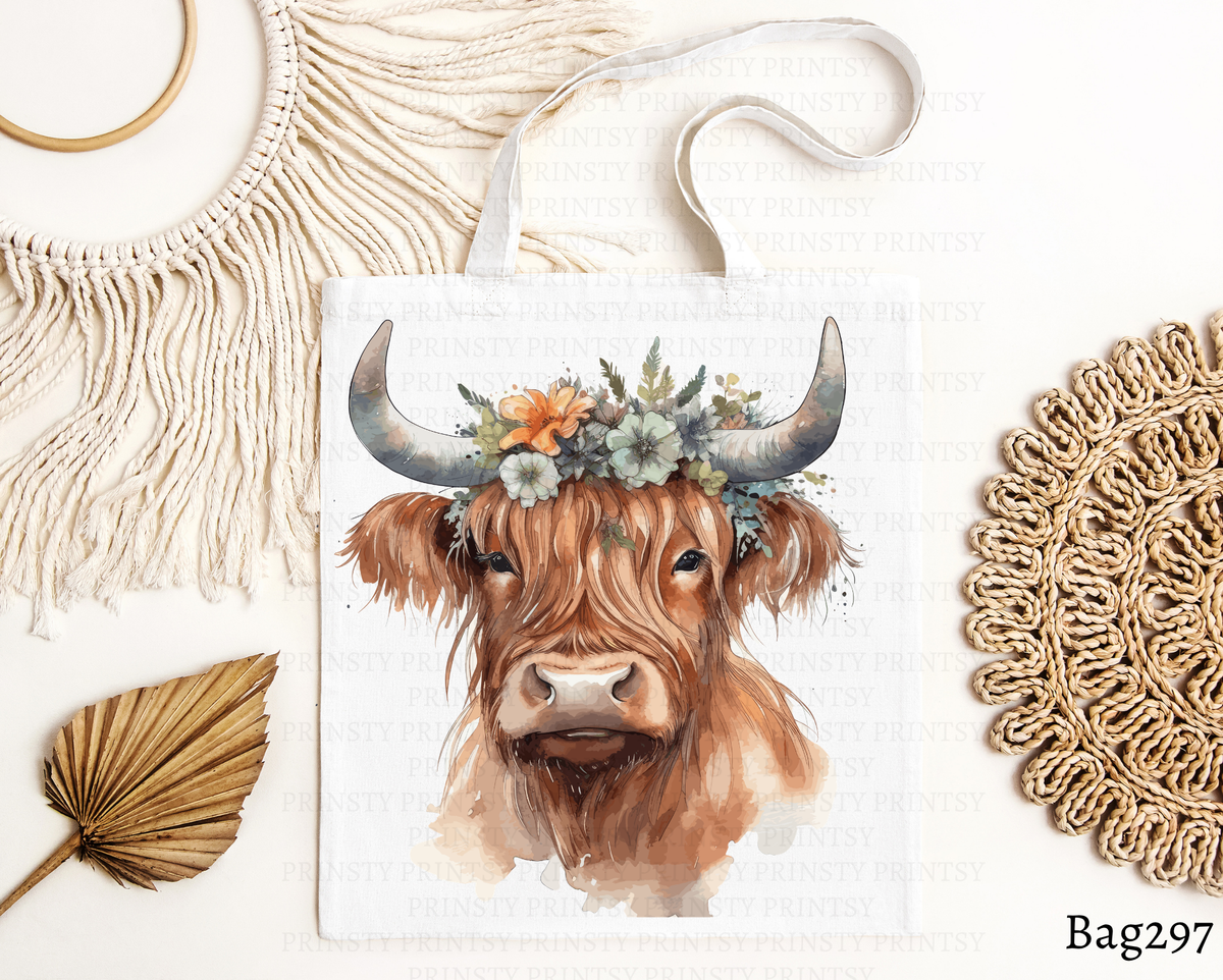 Blue Floral Crown Highland Cow Tote Bag