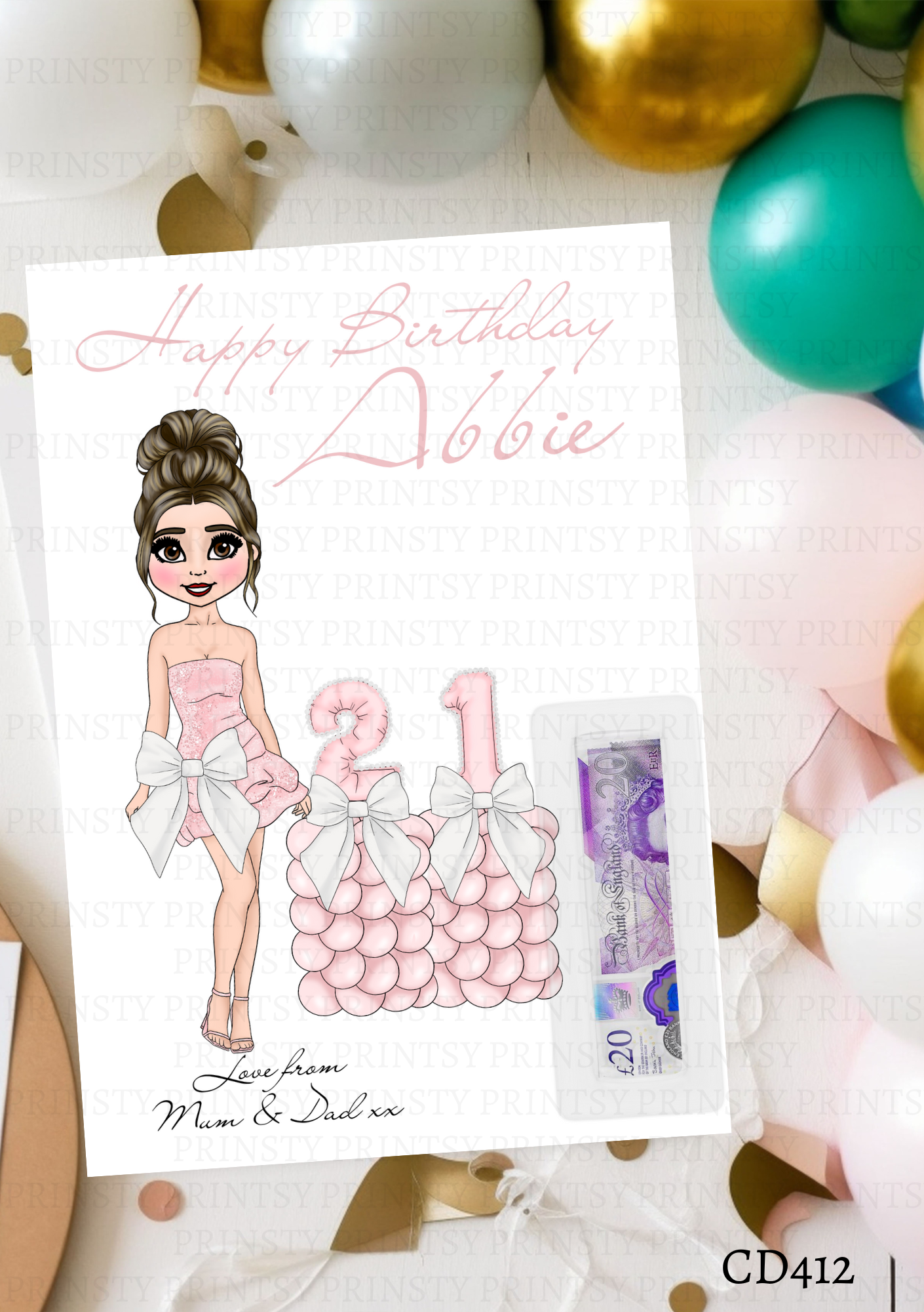 Pink & White Bow Dolly Money Card